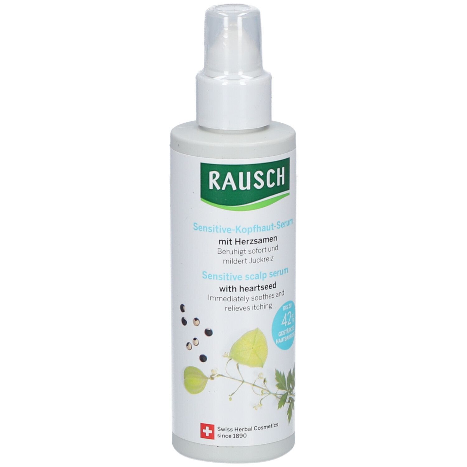 Flacon gris avec vaporisateur blanc. Inscription: RAUSCH, Sérum cuir chevelu sensible. Cosmétiques suisses aux herbes.