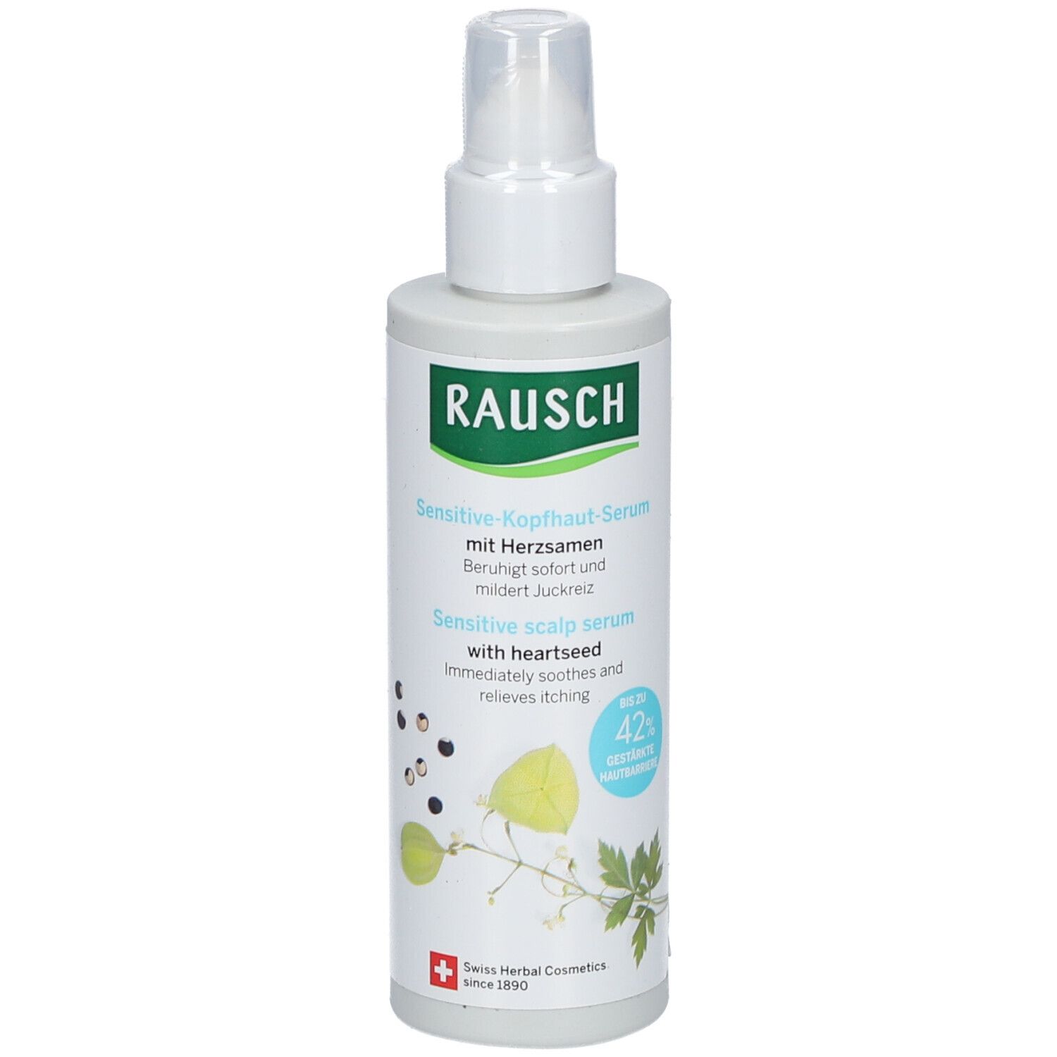Flacon gris avec vaporisateur blanc. Inscription: RAUSCH, Sérum cuir chevelu sensible. Cosmétiques suisses aux herbes.