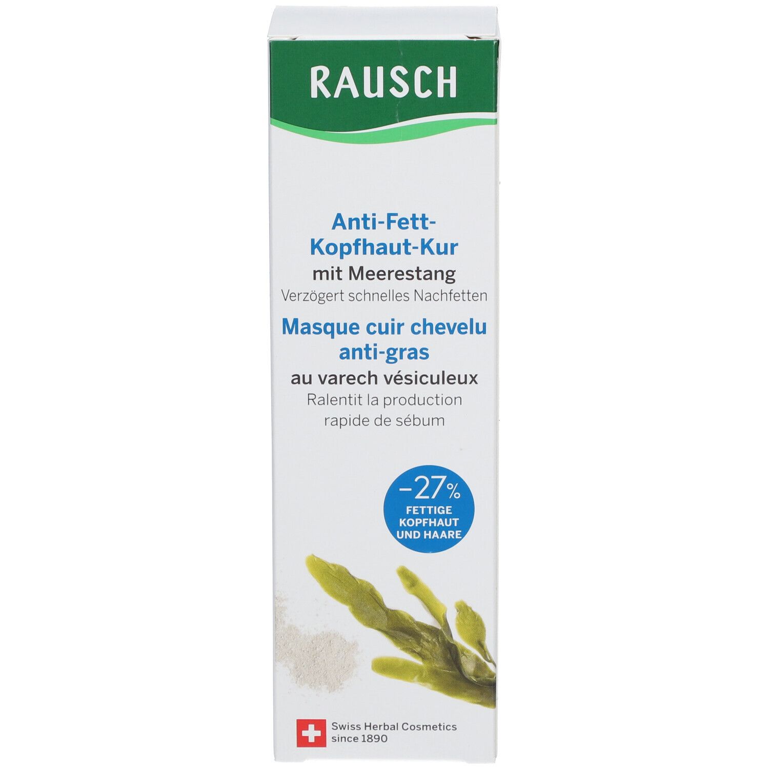 Emballage du produit. Design vert et blanc. Texte: Masque cuir chevelu anti-gras au varech vésiculeux.