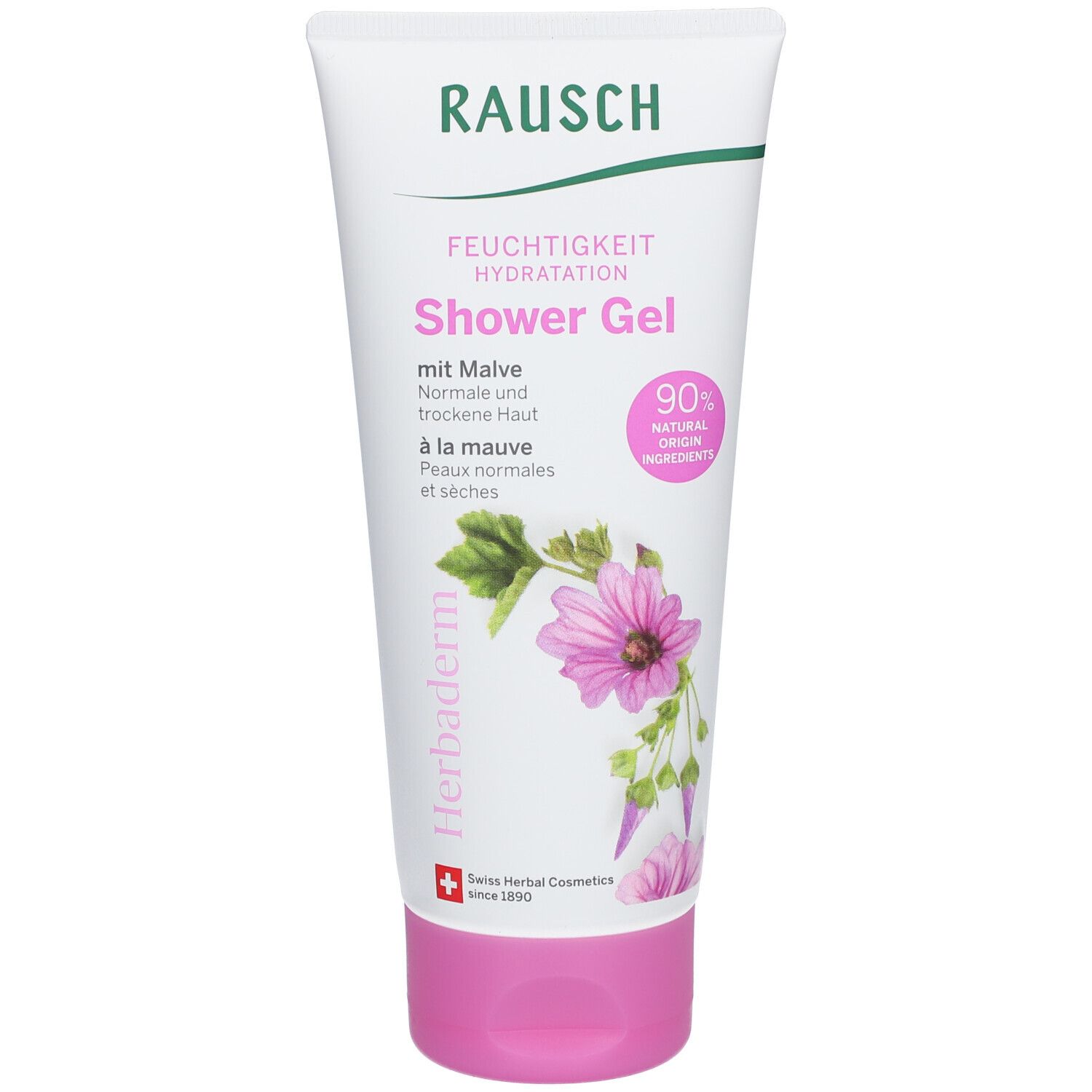 Tube blanc et rose avec logo RAUSCH et texte "Shower Gel". Illustration de fleurs de mauve. 90% ingrédients naturels.