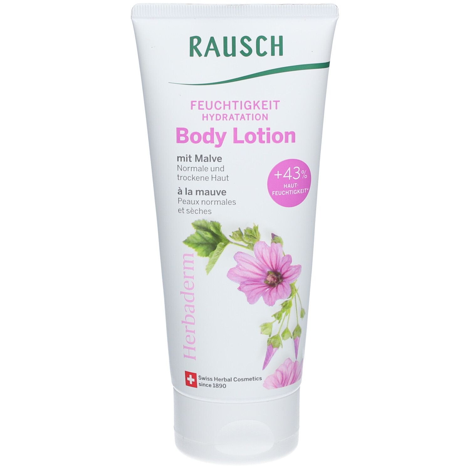 Tube blanc avec impression verte et rose. Inscription RAUSCH, FEUCHTIGKEIT Body Lotion. Avec mauve, pour peaux normales et sèches. Cosmétiques suisses.