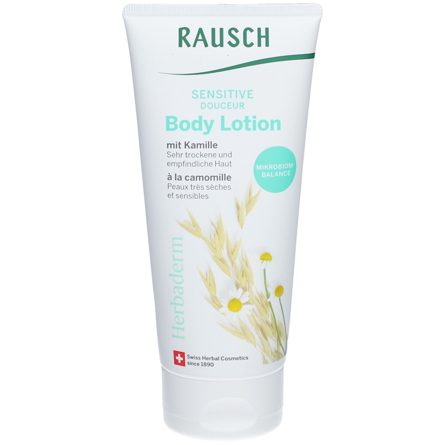 Tube blanc avec texte vert. "RAUSCH Sensitive Body Lotion mit Kamille" et illustrations de fleurs de camomille.