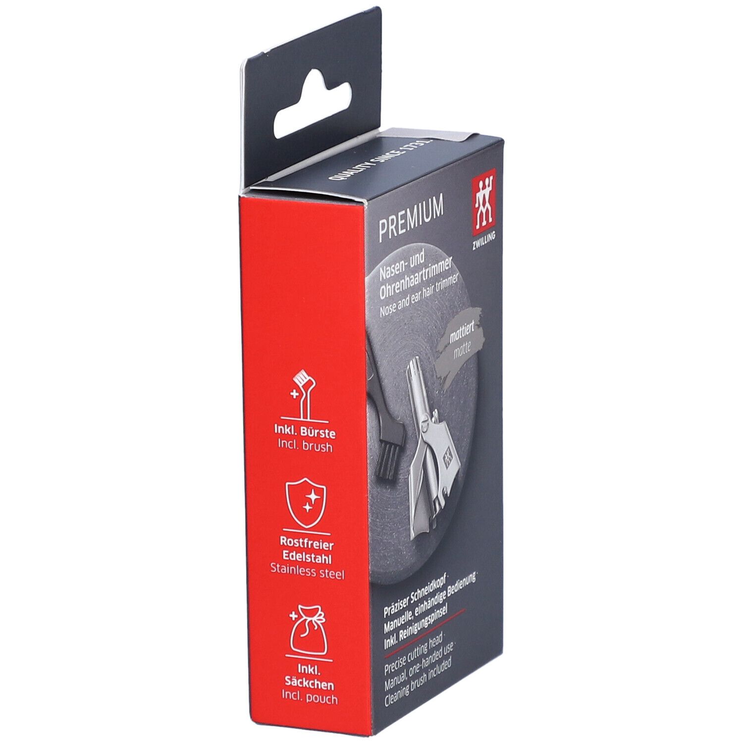 Vue latérale de l'emballage ZWILLING Premium. Contient brosse, acier inoxydable, pochette.