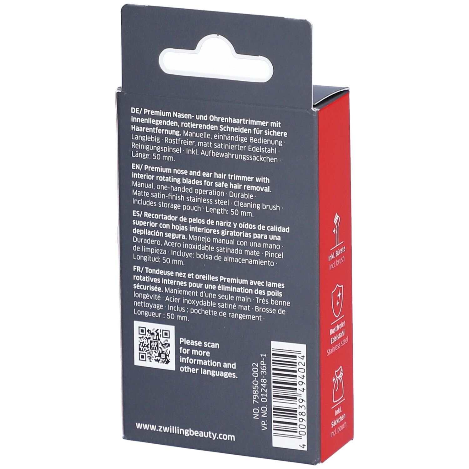 Dos de l'emballage ZWILLING Premium. Description du produit en plusieurs langues.