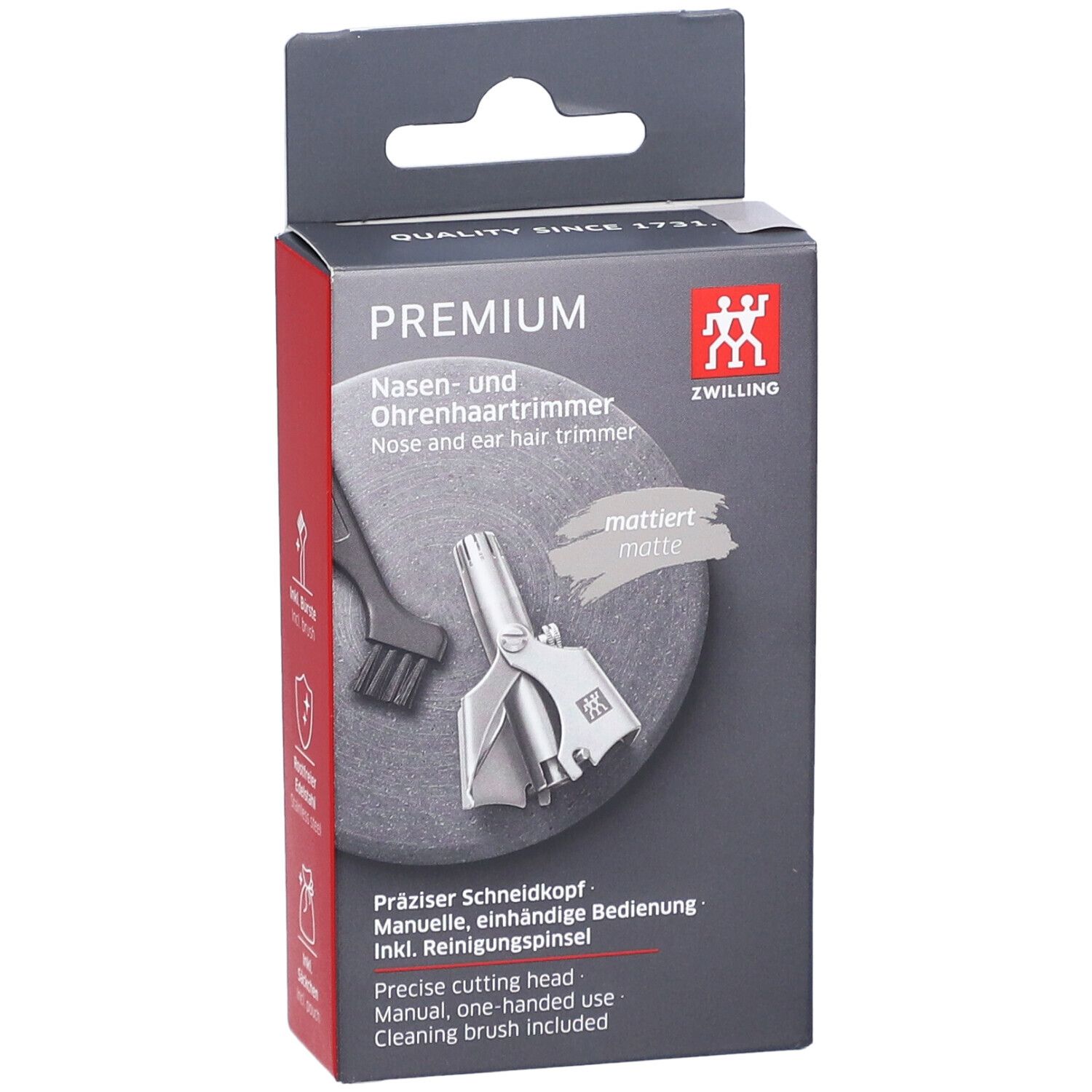 Vue de face de l'emballage ZWILLING Premium. Produit et brosse de nettoyage.