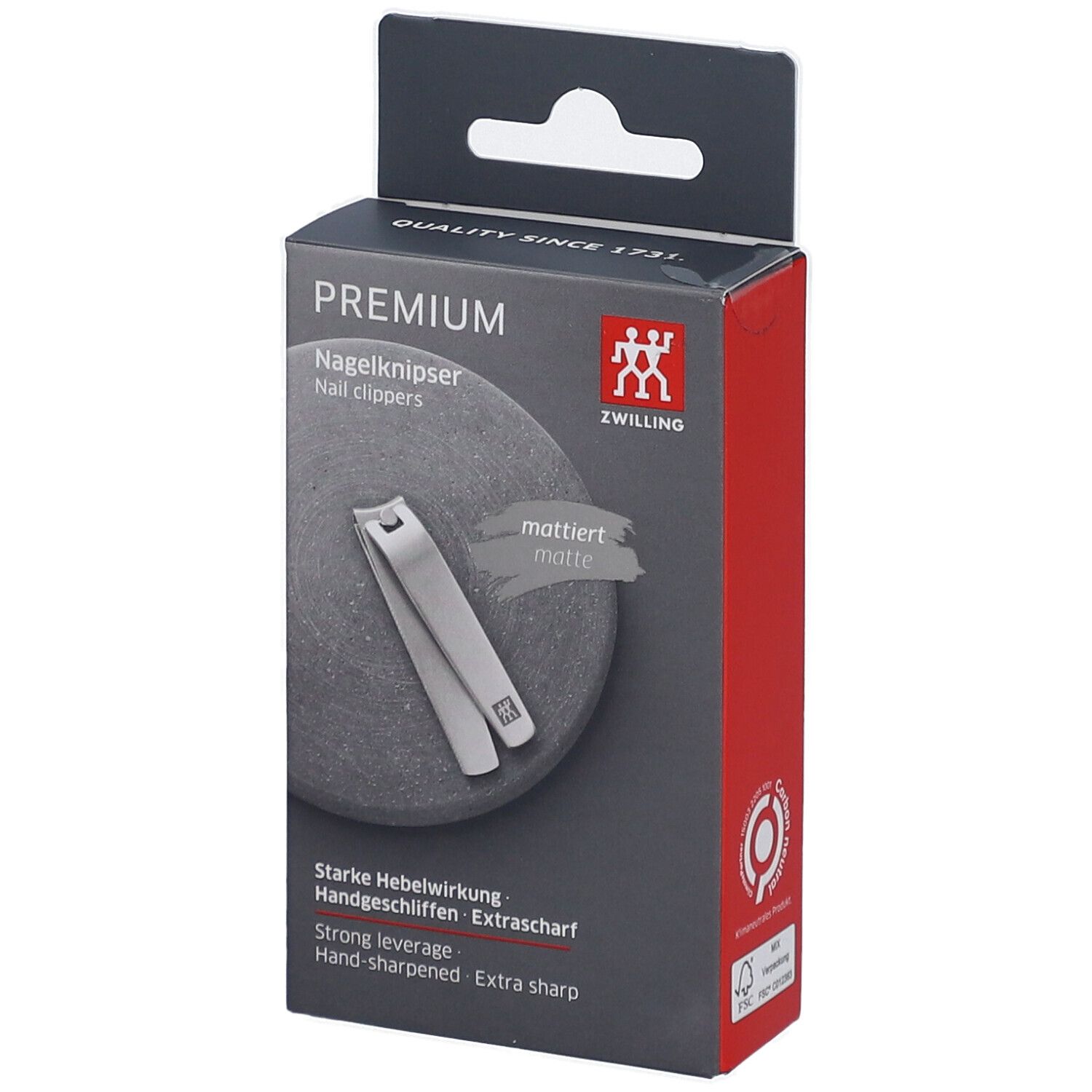 Boîte ZWILLING Premium. Contient un coupe-ongles. Texte: "Nagelknipser", "mattiert", "Extra scharf".