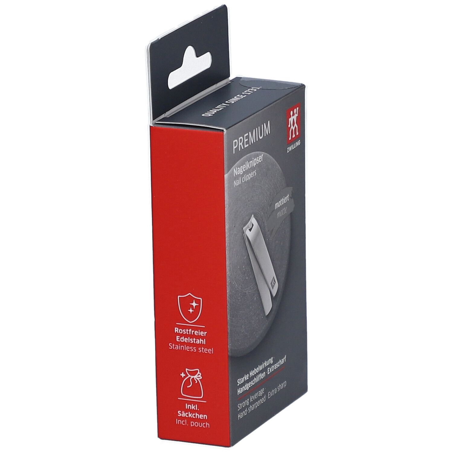 Vue latérale de la boîte ZWILLING Premium. Texte: "Rostfreier Edelstahl", "Inkl. Säckchen".