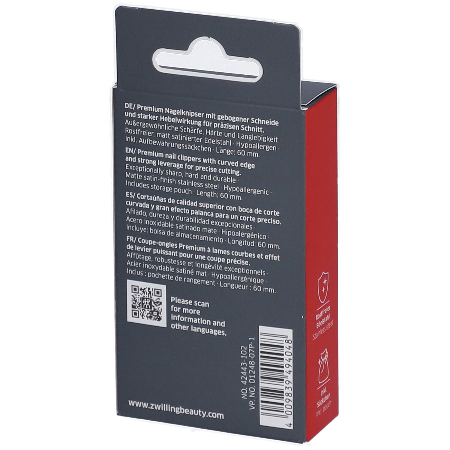 Dos de la boîte ZWILLING Premium. Texte multilingue. Code QR.