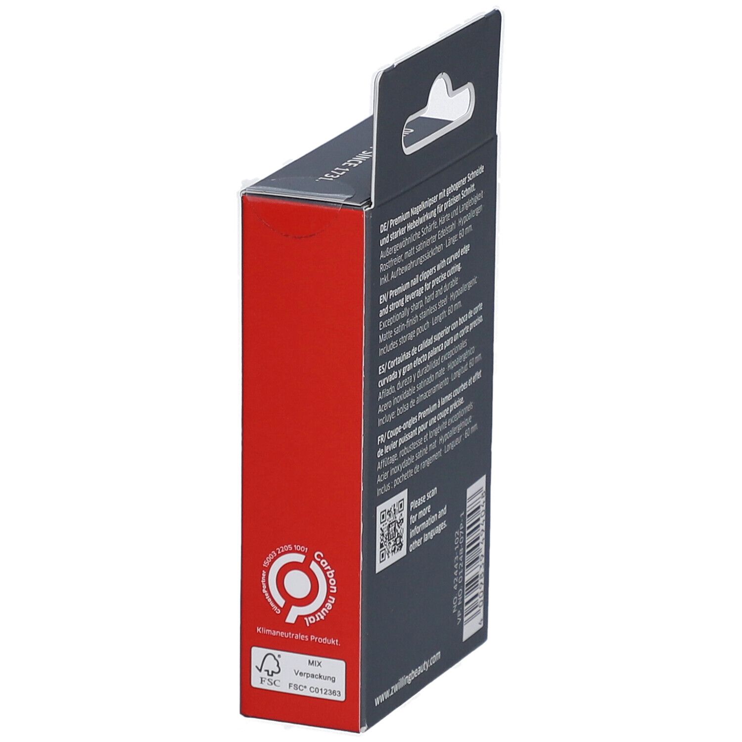 Vue latérale de la boîte ZWILLING Premium. Texte: "Carbon neutrales Produkt".