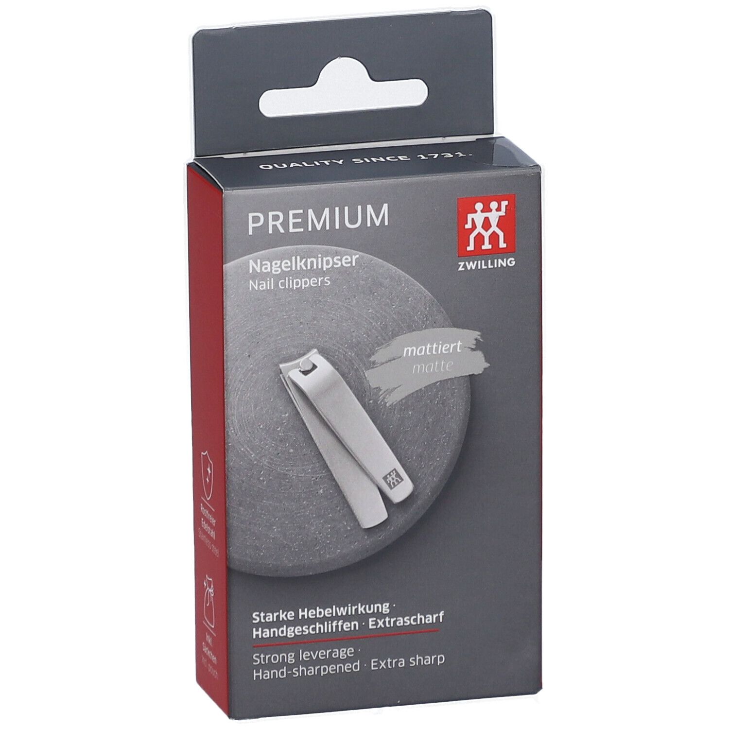 Boîte ZWILLING Premium. Coupe-ongles et texte: "Nagelknipser", "mattiert", "Extra scharf".