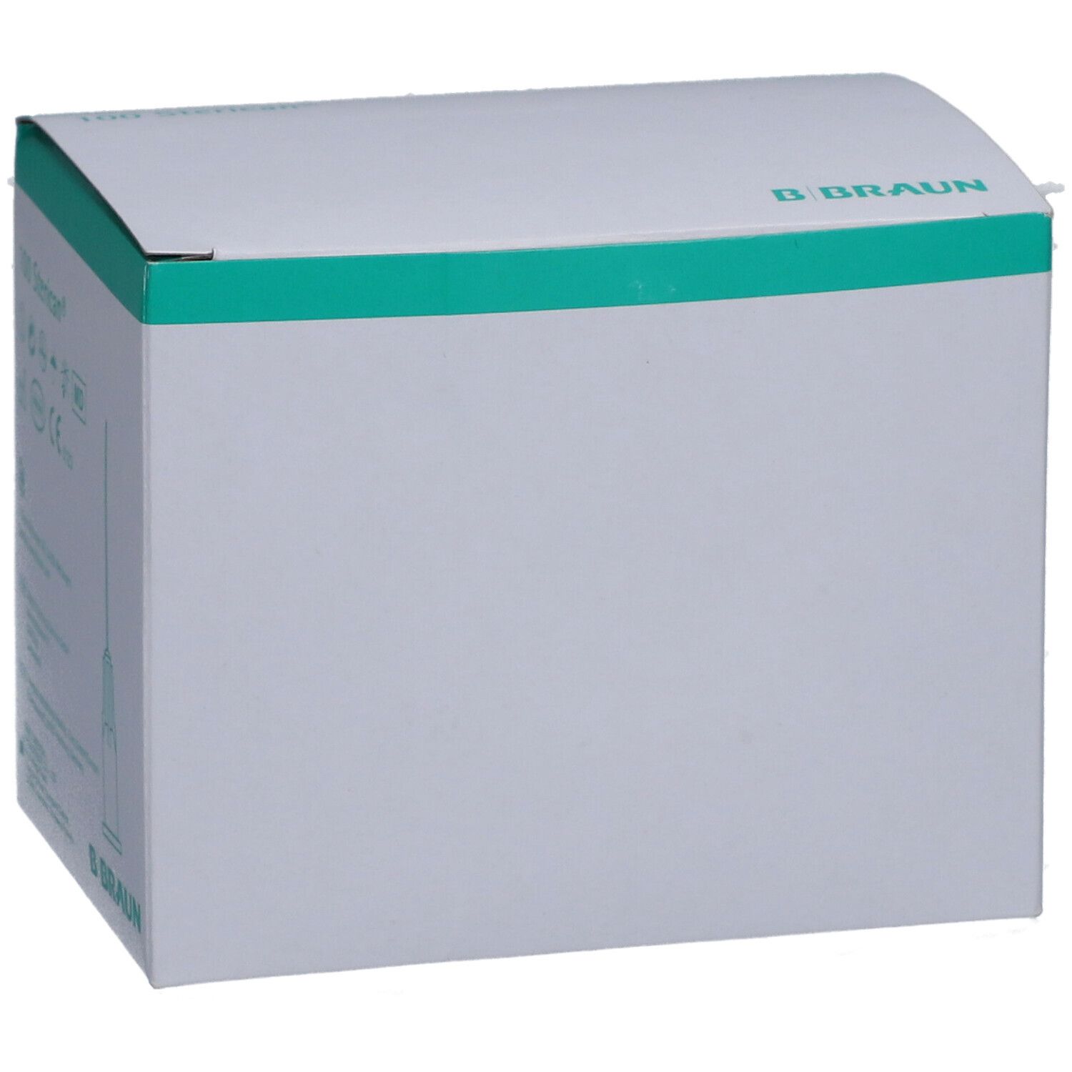 Boîte pliante blanche avec bande verte, logo B. Braun.