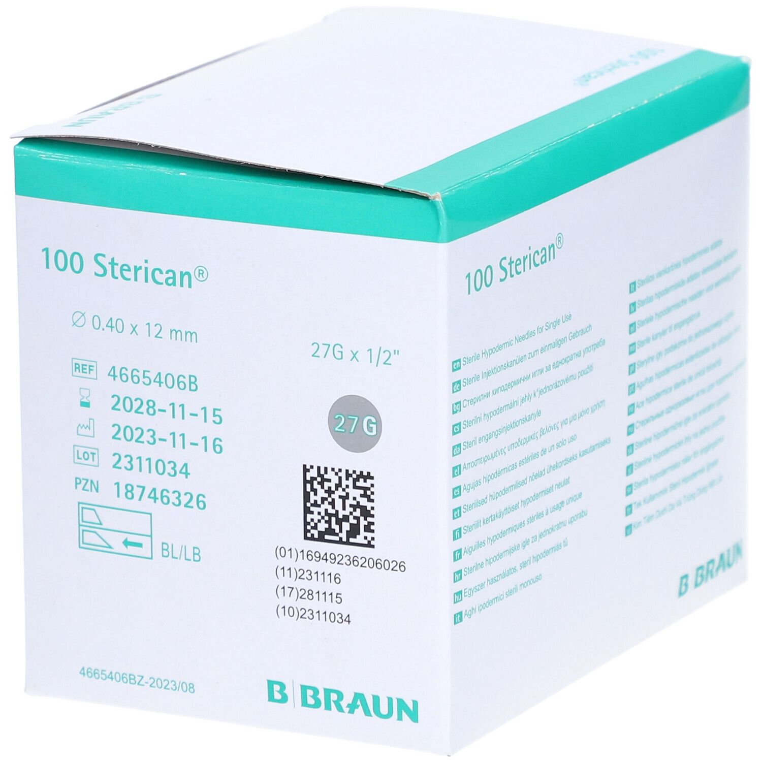 Boîte de 100 aiguilles Sterican. Inscriptions : 0,40 x 12 mm, 27G x 1/2", REF, LOT, PZN, date de péremption. Fabricant : B. Braun.