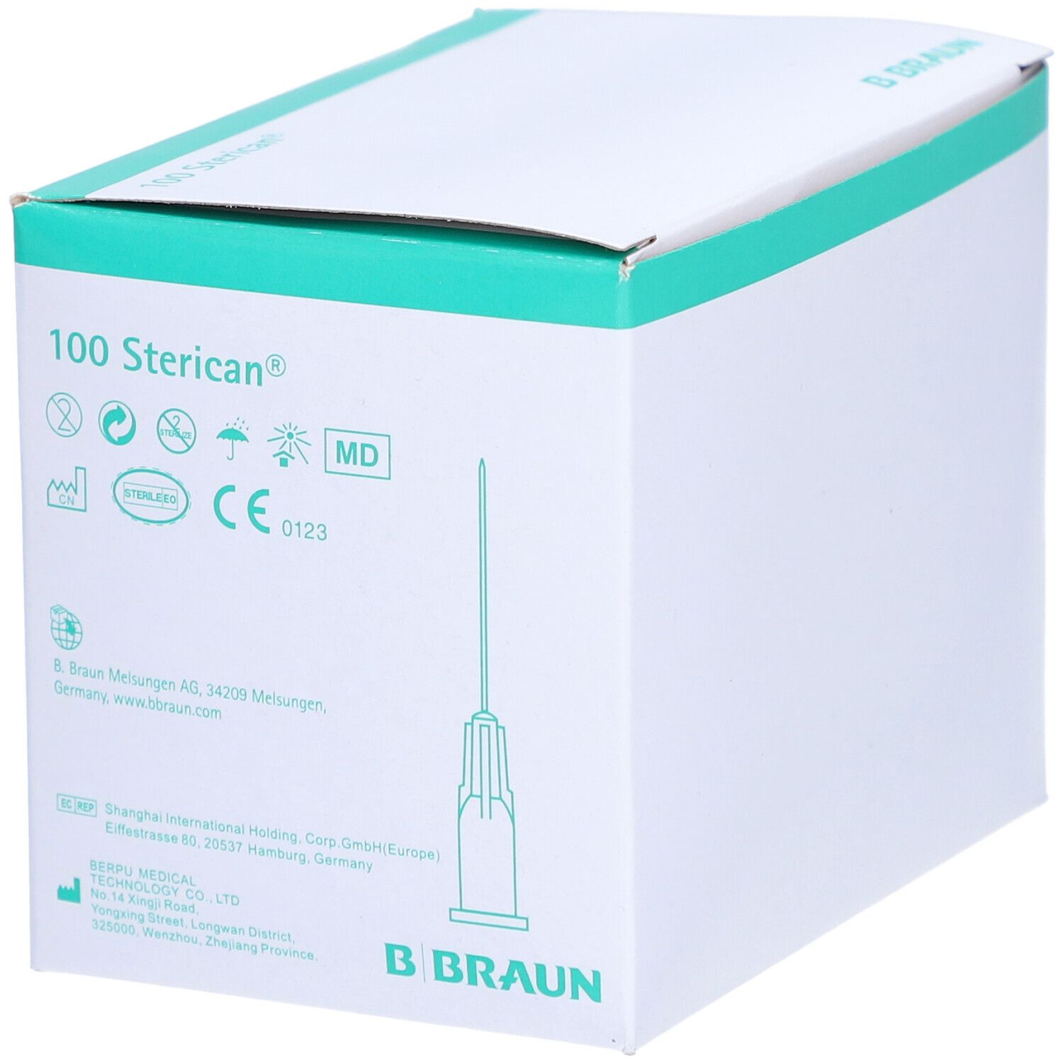 Boîte de 100 aiguilles Sterican. Aiguille visible. Inscriptions : 0,40 x 12 mm, marquage CE, logo du fabricant B. Braun.