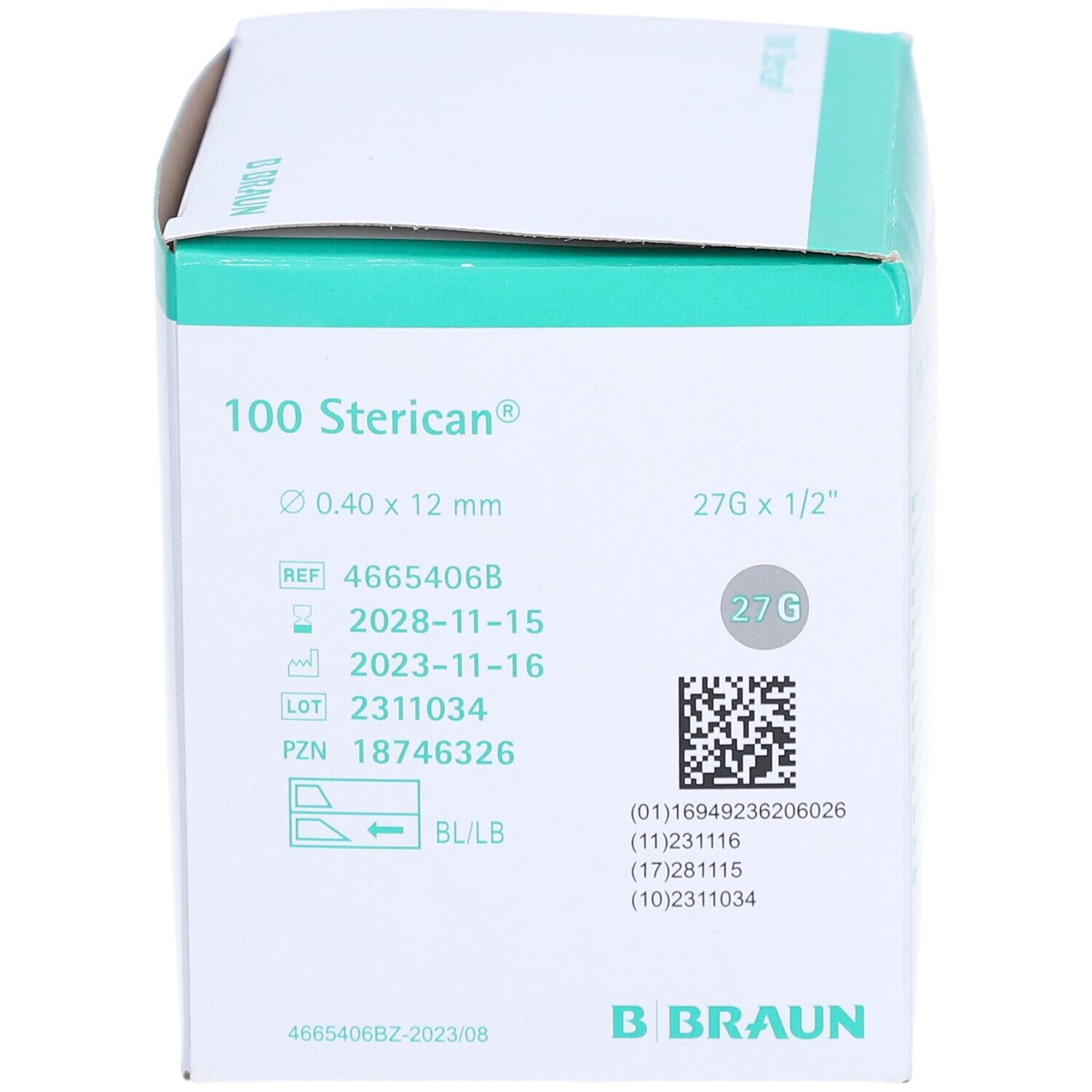 Boîte de 100 aiguilles Sterican. Inscriptions : 0,40 x 12 mm, 27G x 1/2", REF, LOT, PZN, date de péremption. Fabricant : B. Braun.