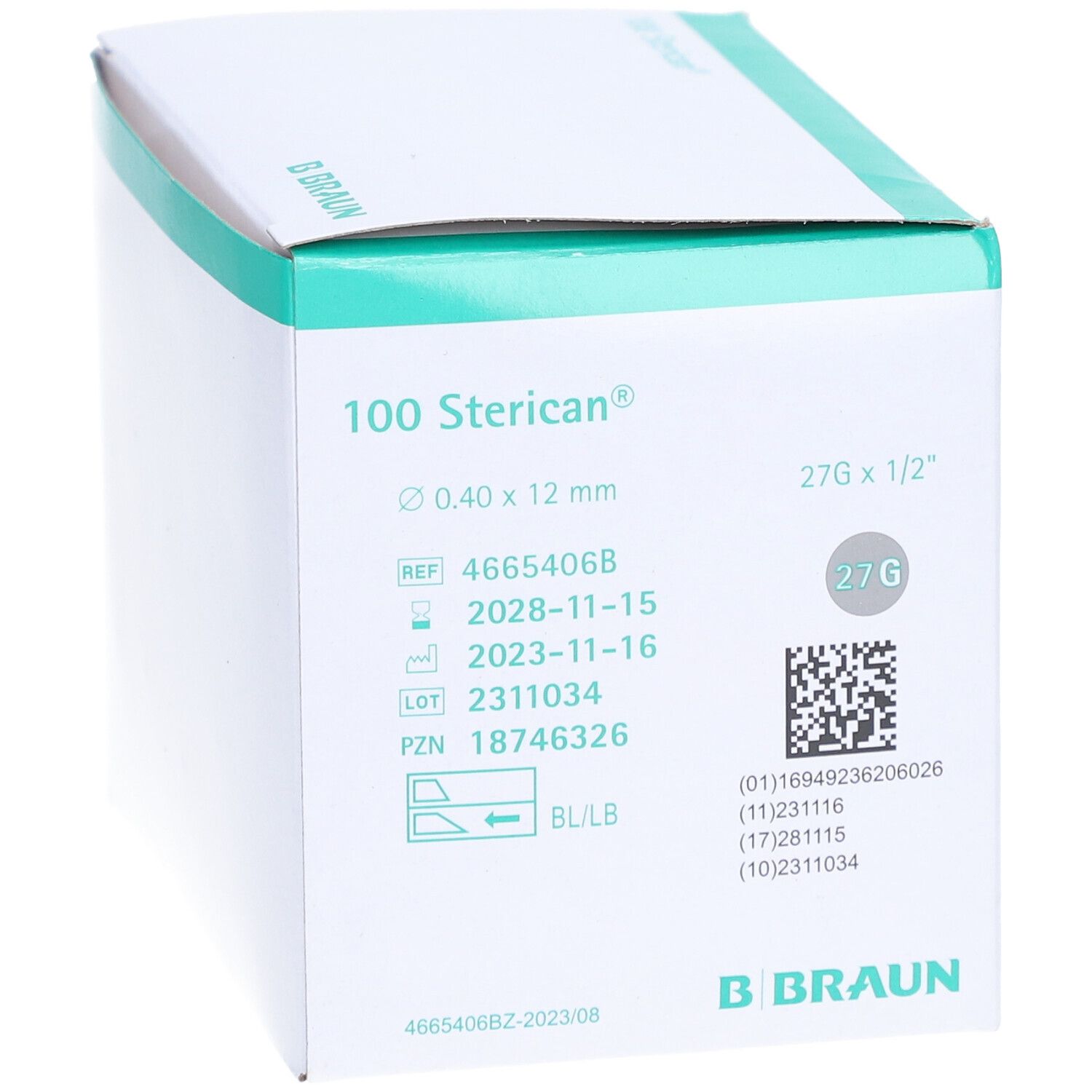 Boîte de 100 aiguilles Sterican. Inscriptions : 0,40 x 12 mm, 27G x 1/2", REF, LOT, PZN, date de péremption. Fabricant : B. Braun.