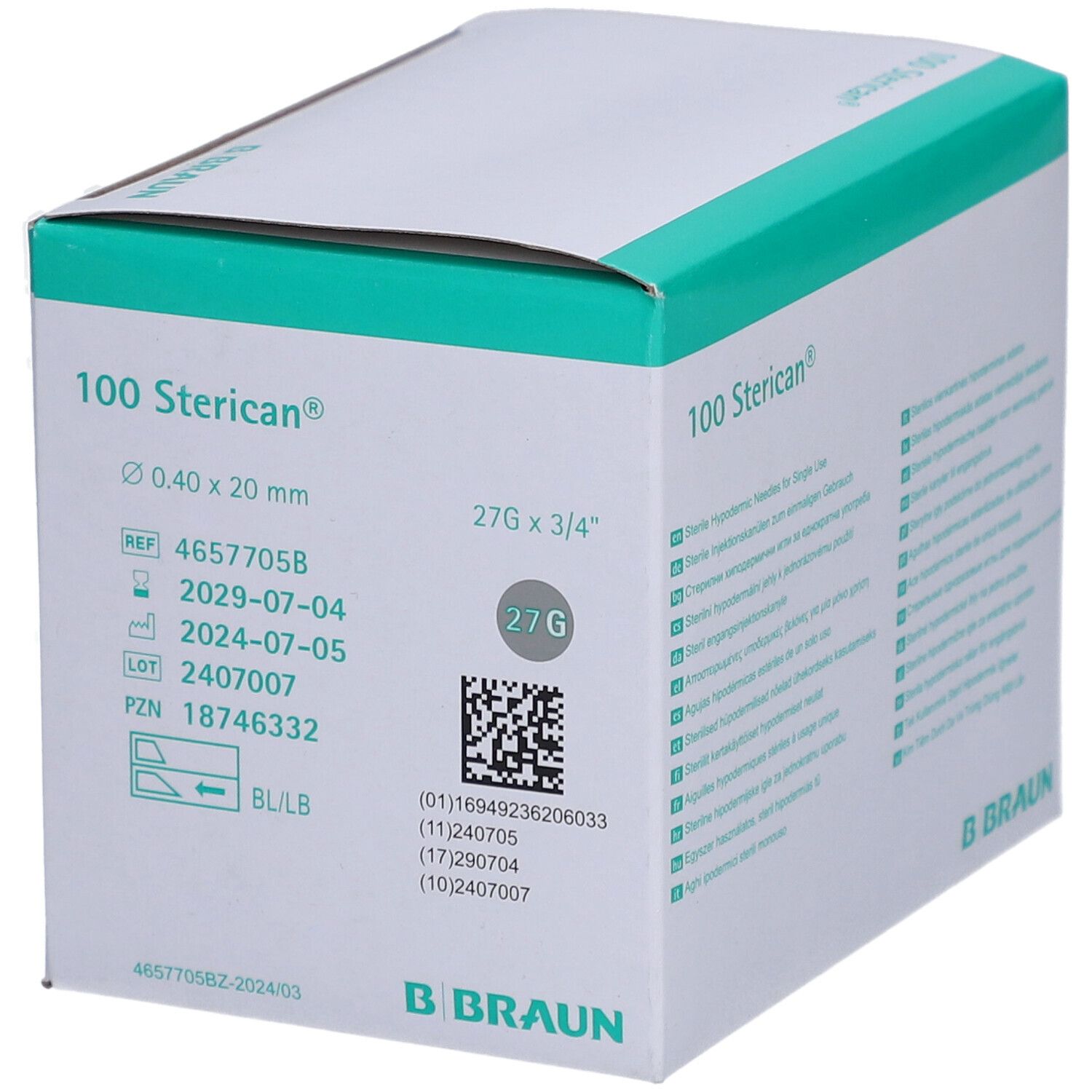 Boîte de 100 aiguilles Sterican à usage unique, 0,40 x 12 mm.