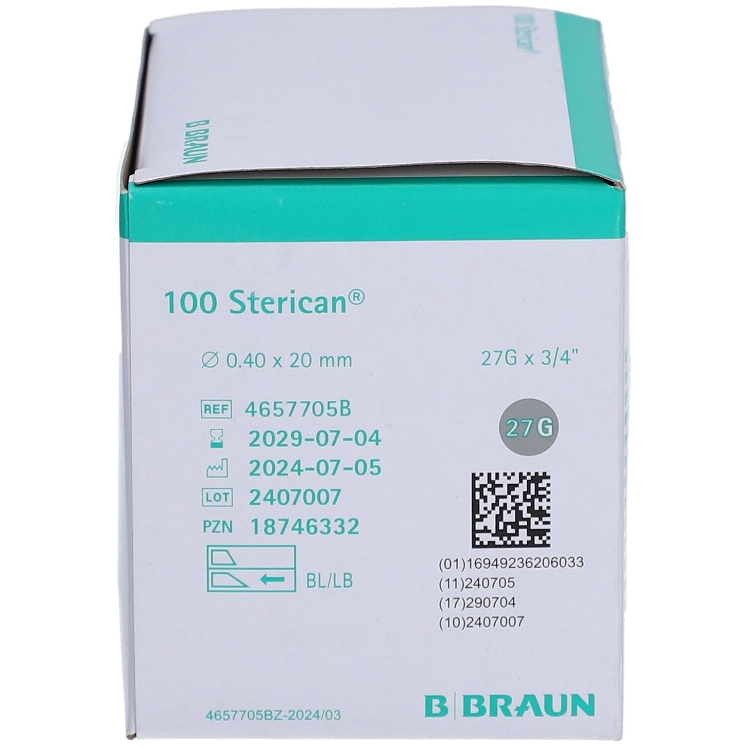 Boîte de 100 aiguilles Sterican à usage unique, 0,60 x 30 mm, 23G.