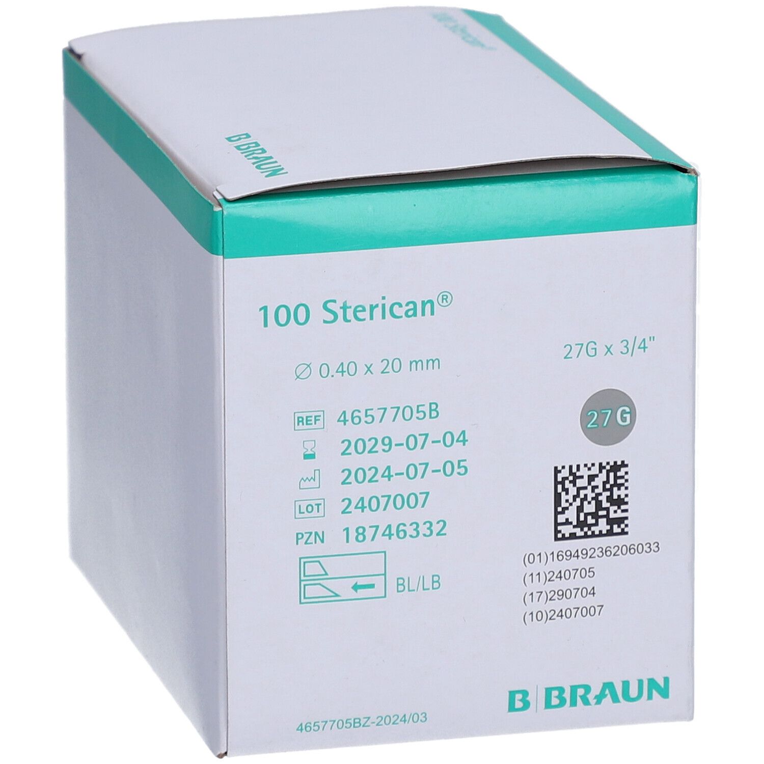 Boîte de 100 aiguilles Sterican à usage unique, 0,40 x 20 mm, 27G.