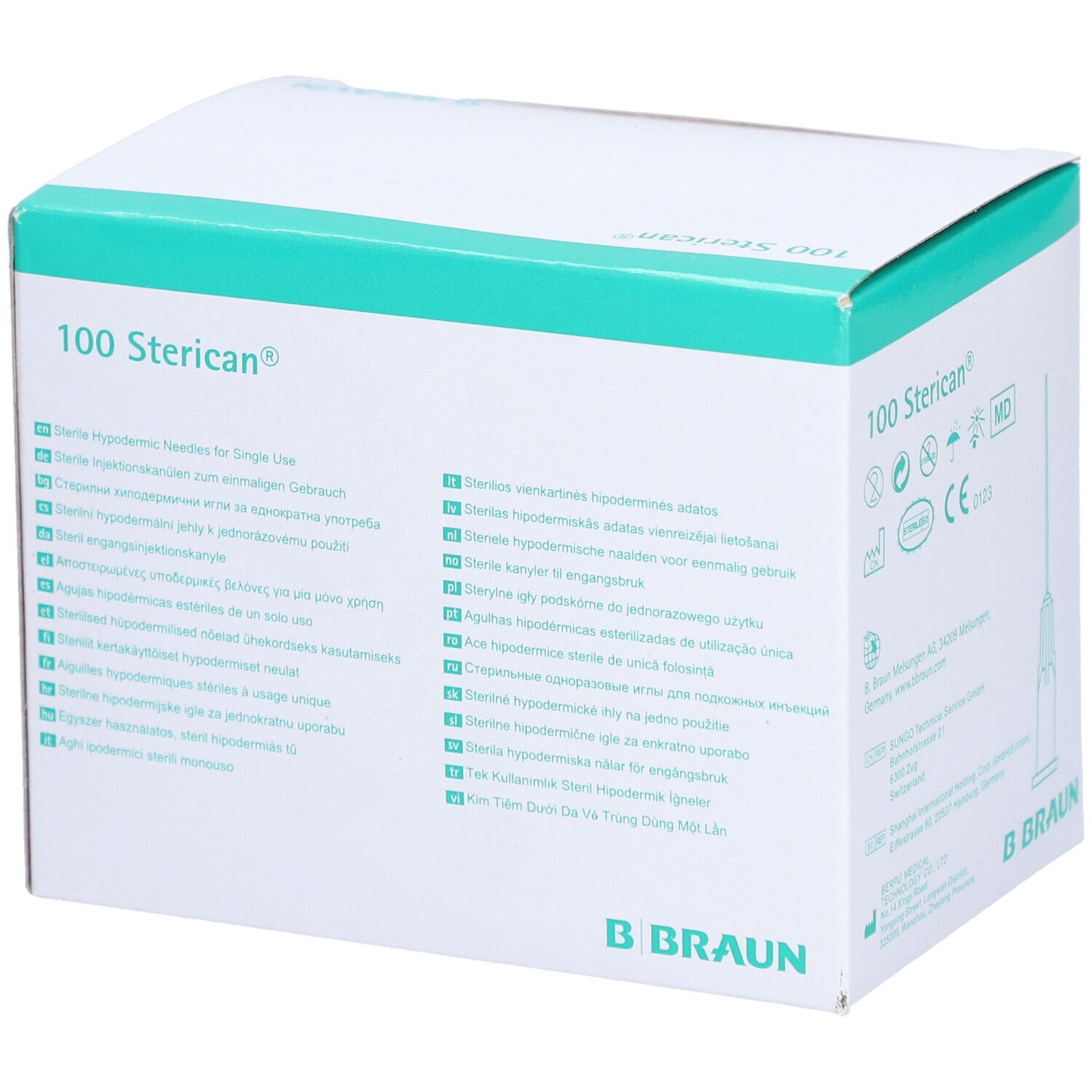Boîte de 100 aiguilles Sterican®. Inscription: Sterile Hypodermic Needles for Single Use. Logo B. Braun.