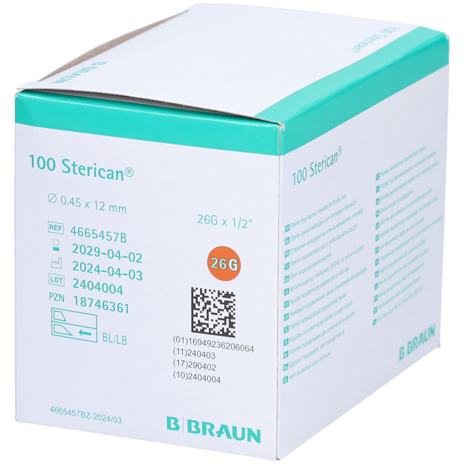 Boîte de 100 aiguilles Sterican®. Indications: 0,45 x 12 mm, 26G x 1/2". Logo B. Braun. Numéro PZN et numéro de lot.