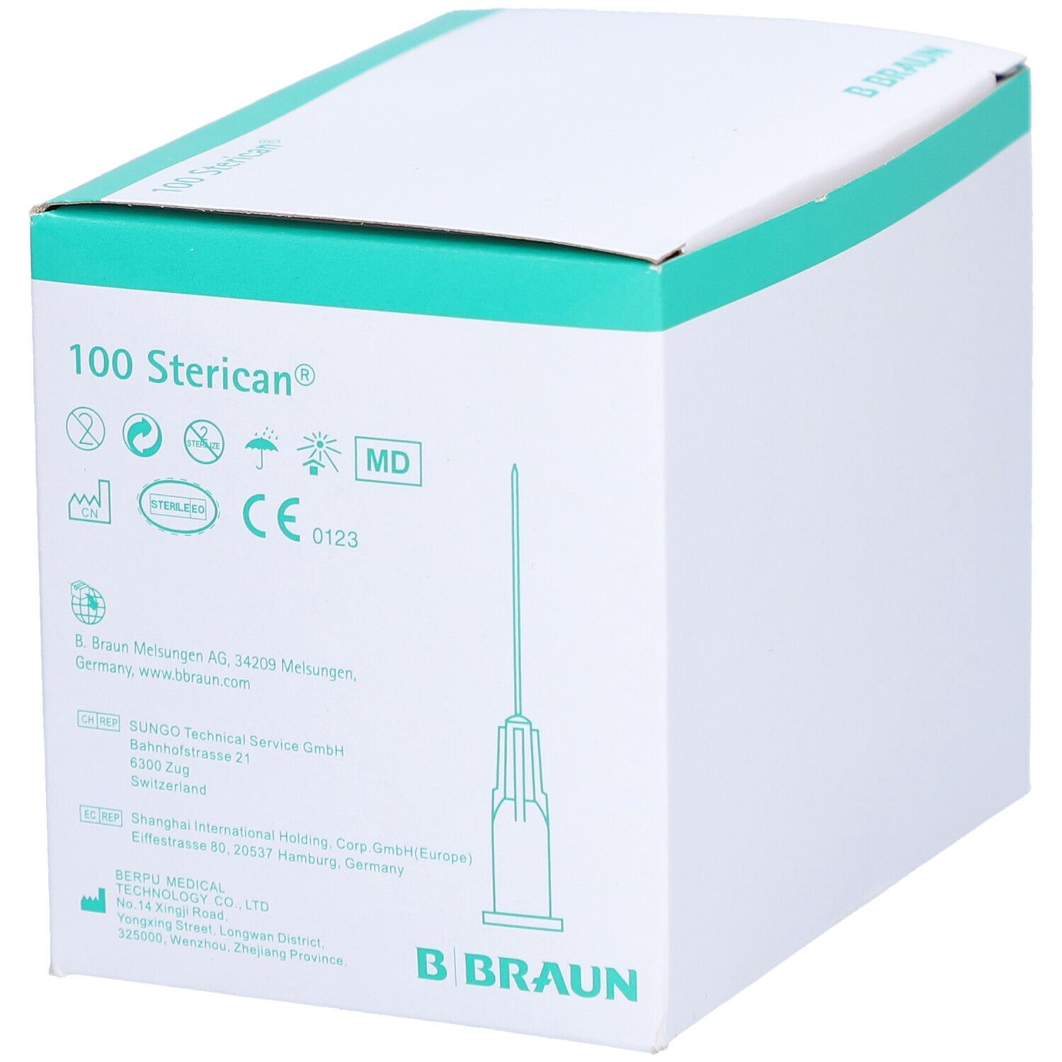 Boîte de 100 aiguilles Sterican®. Inscription: 0,45 x 12 mm. Marquage CE. Logo B. Braun. Aiguille visible.