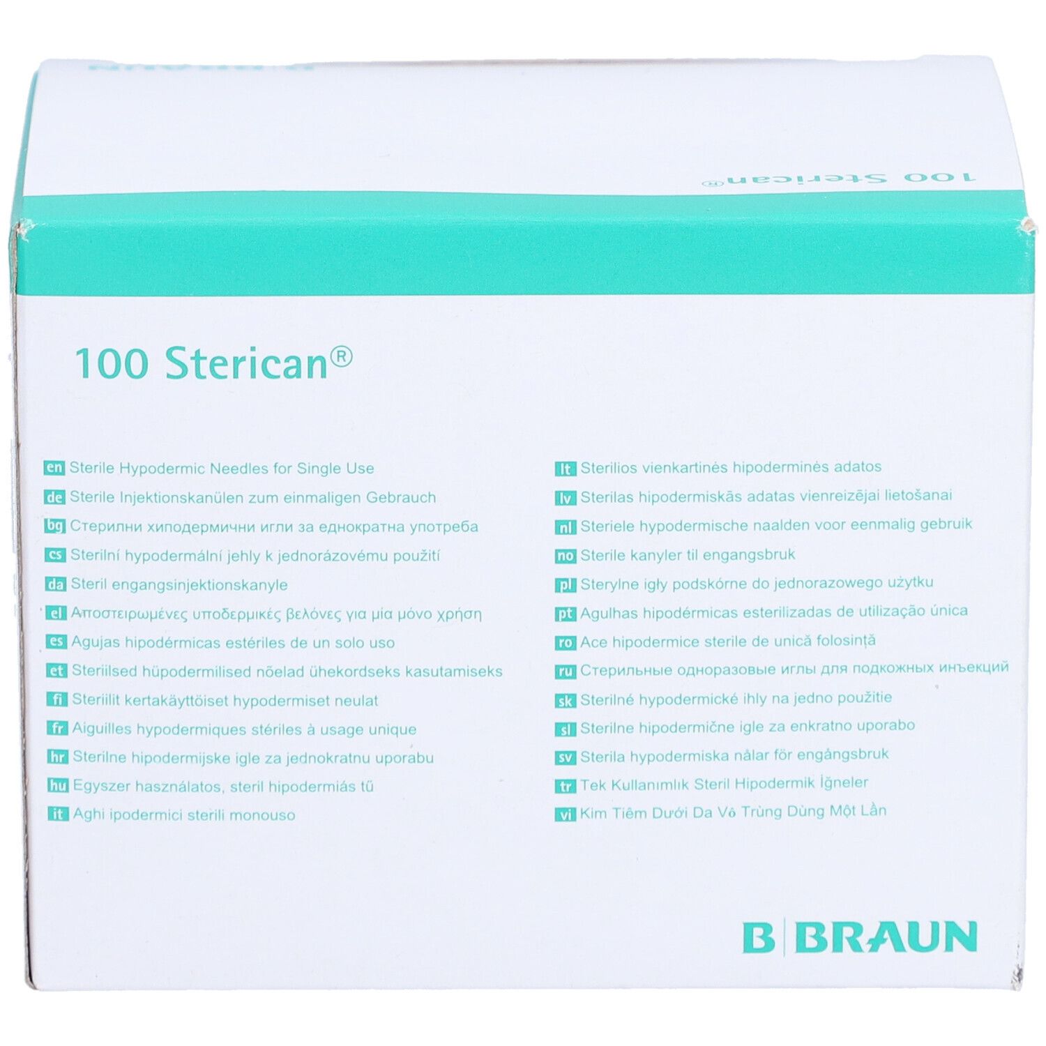 Boîte de 100 aiguilles Sterican®. Inscription: Sterile Hypodermic Needles for Single Use. Logo B. Braun.