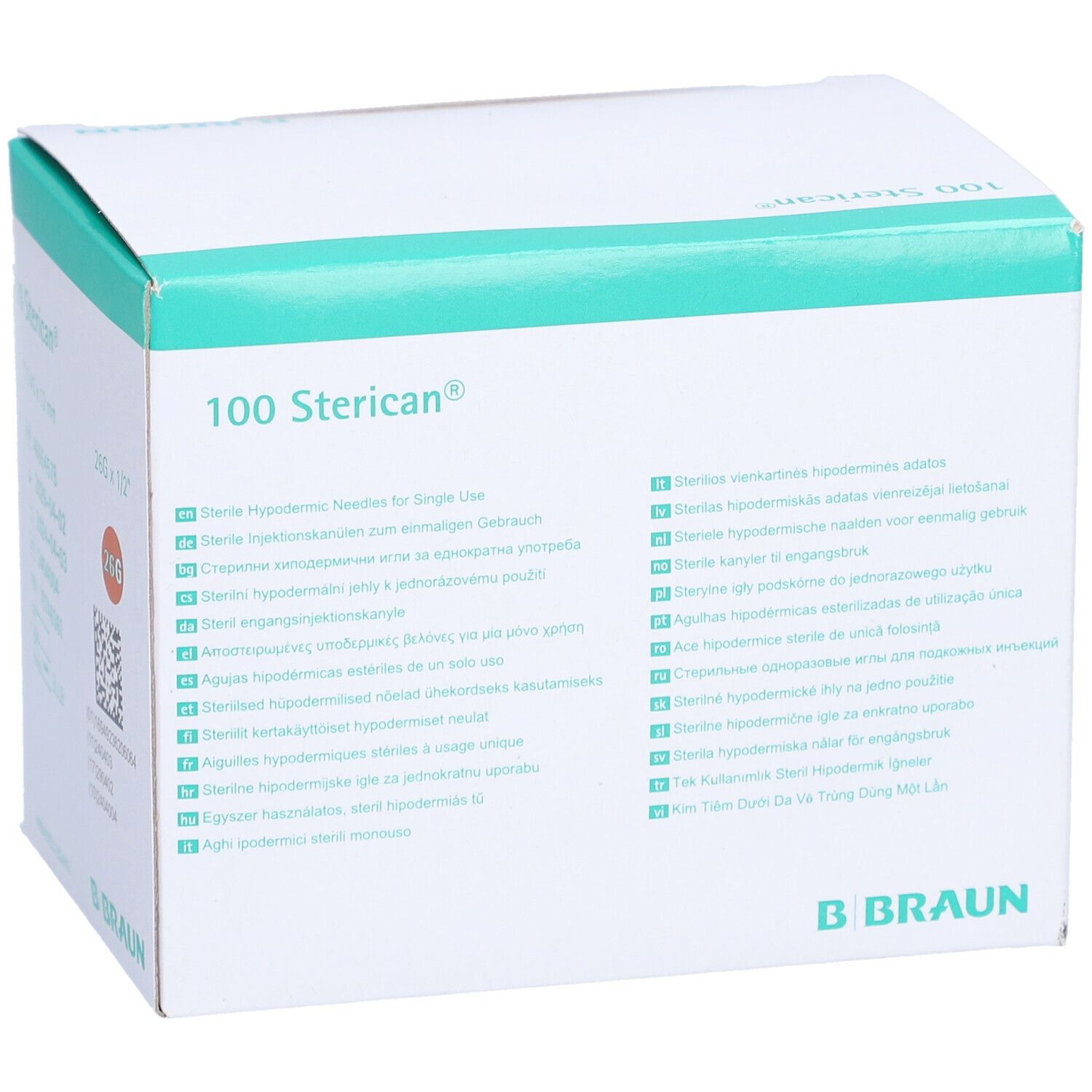 Boîte de 100 aiguilles Sterican®. Inscription: Sterile Hypodermic Needles for Single Use. Logo B. Braun.