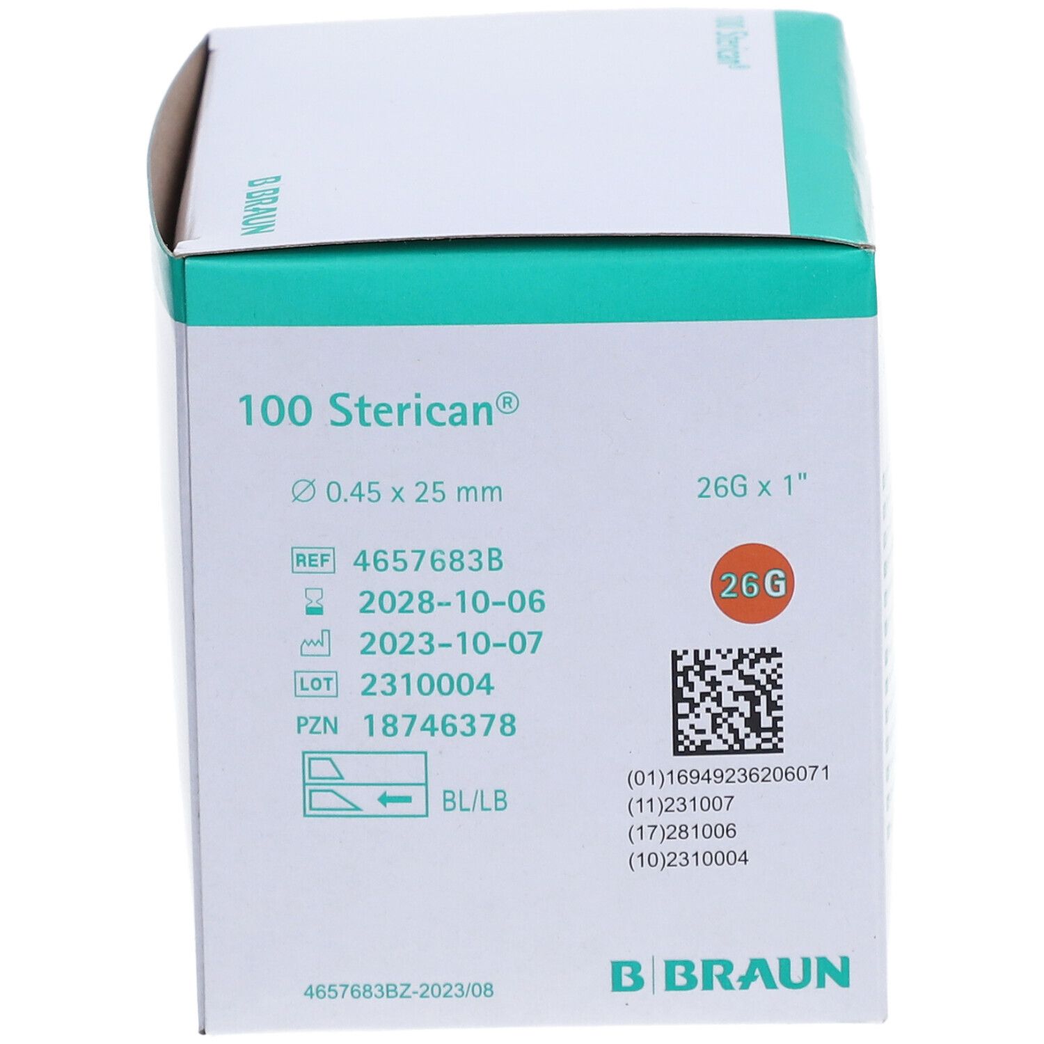 Boîte de 100 canules Sterican à usage unique, 0.45 x 25 mm, 26G x 1".