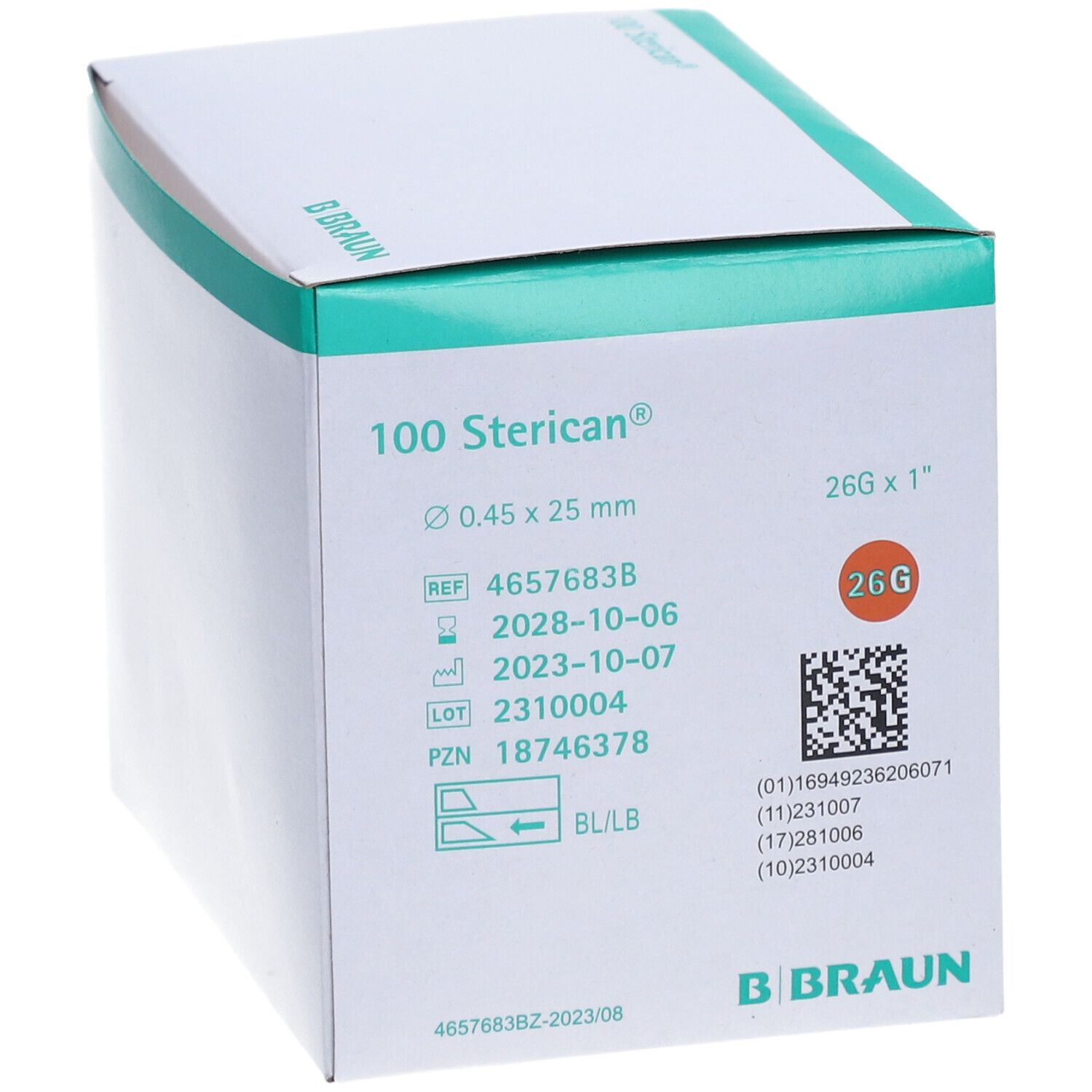 Boîte de 100 canules Sterican à usage unique, 0.45 x 25 mm, 26G x 1".