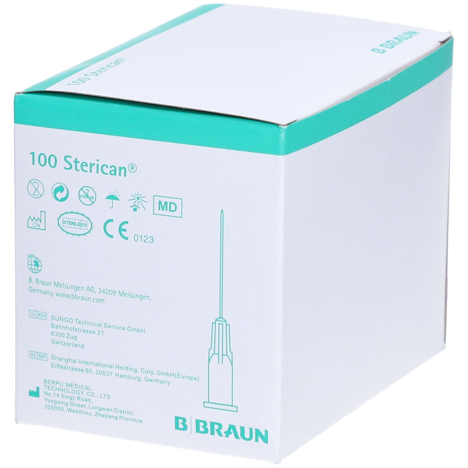 B. Braun Sterican 100 aiguilles d'injection stériles à usage unique, 0,40 x 25 mm, 27G x 1 pouce. Marquage CE et symbole MD.