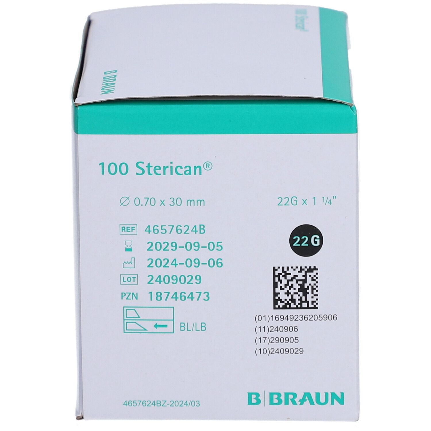Boîte de 100 aiguilles hypodermiques Sterican. Inscriptions : 22G, 0,70 x 30 mm, date de péremption 2029-09-05. Fabricant : B. Braun.