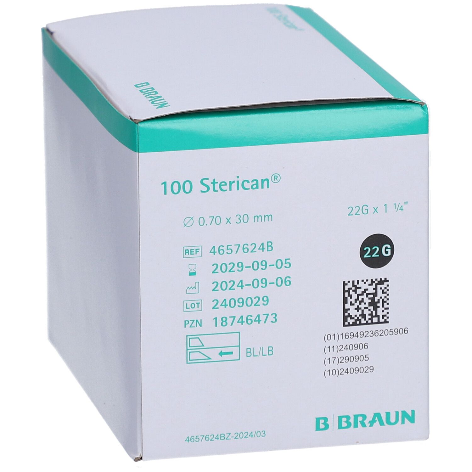 Boîte de 100 aiguilles hypodermiques Sterican. Inscriptions : 22G, 0,70 x 30 mm, date de péremption 2029-09-05. Fabricant : B. Braun.