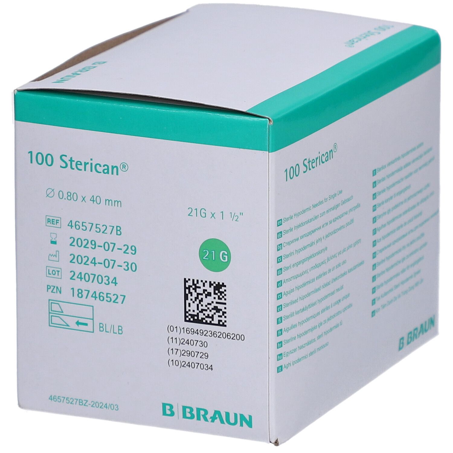 B. Braun Sterican 100 aiguilles jetables, 0.80 x 40 mm, 21G.