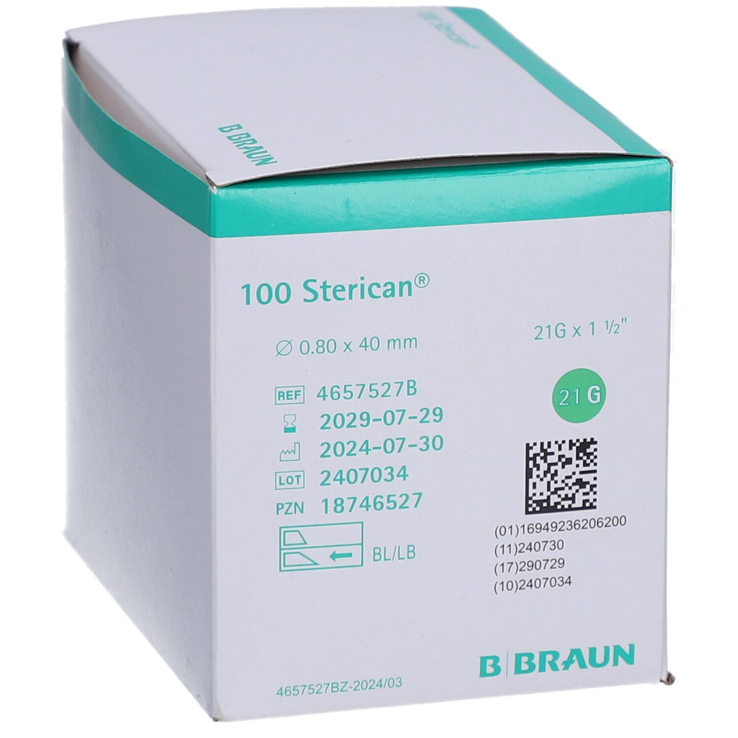 B. Braun Sterican 100 aiguilles jetables, 0.80 x 40 mm, 21G.