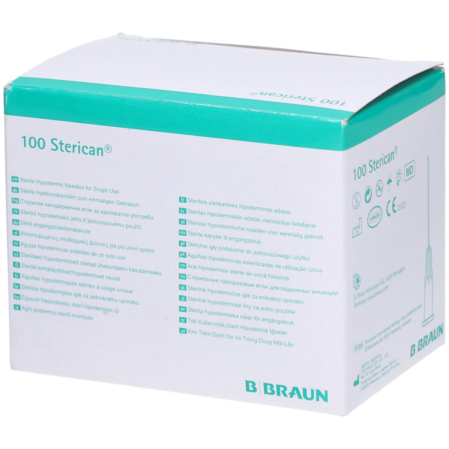 Boîte de 100 aiguilles hypodermiques Sterican®. Carton blanc et vert. Logo B. Braun en bas.