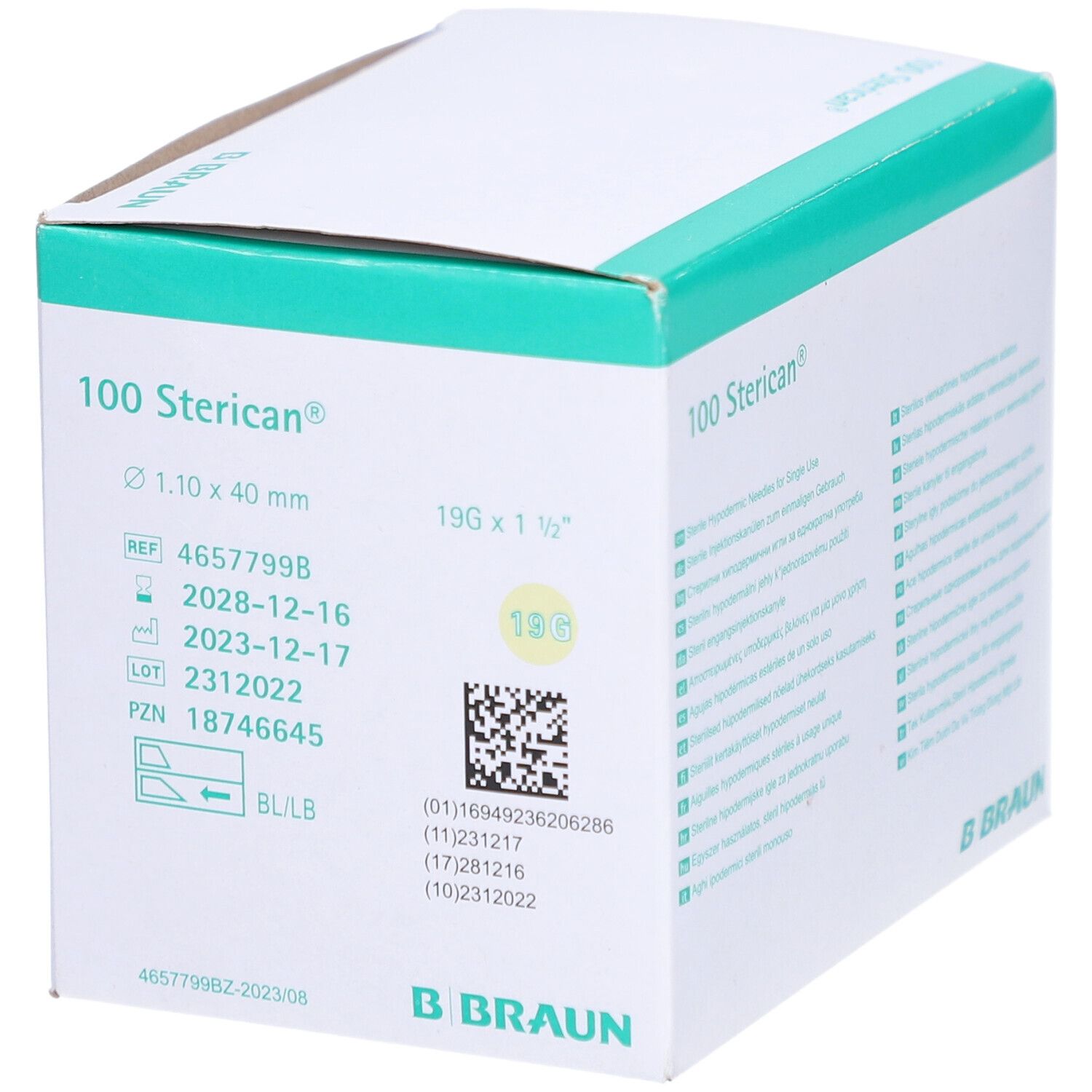 Boîte de 100 Sterican®. Détails: 1,10 x 40 mm, 19G x 1 ½". Numéro de lot et date de péremption. Logo B. Braun.