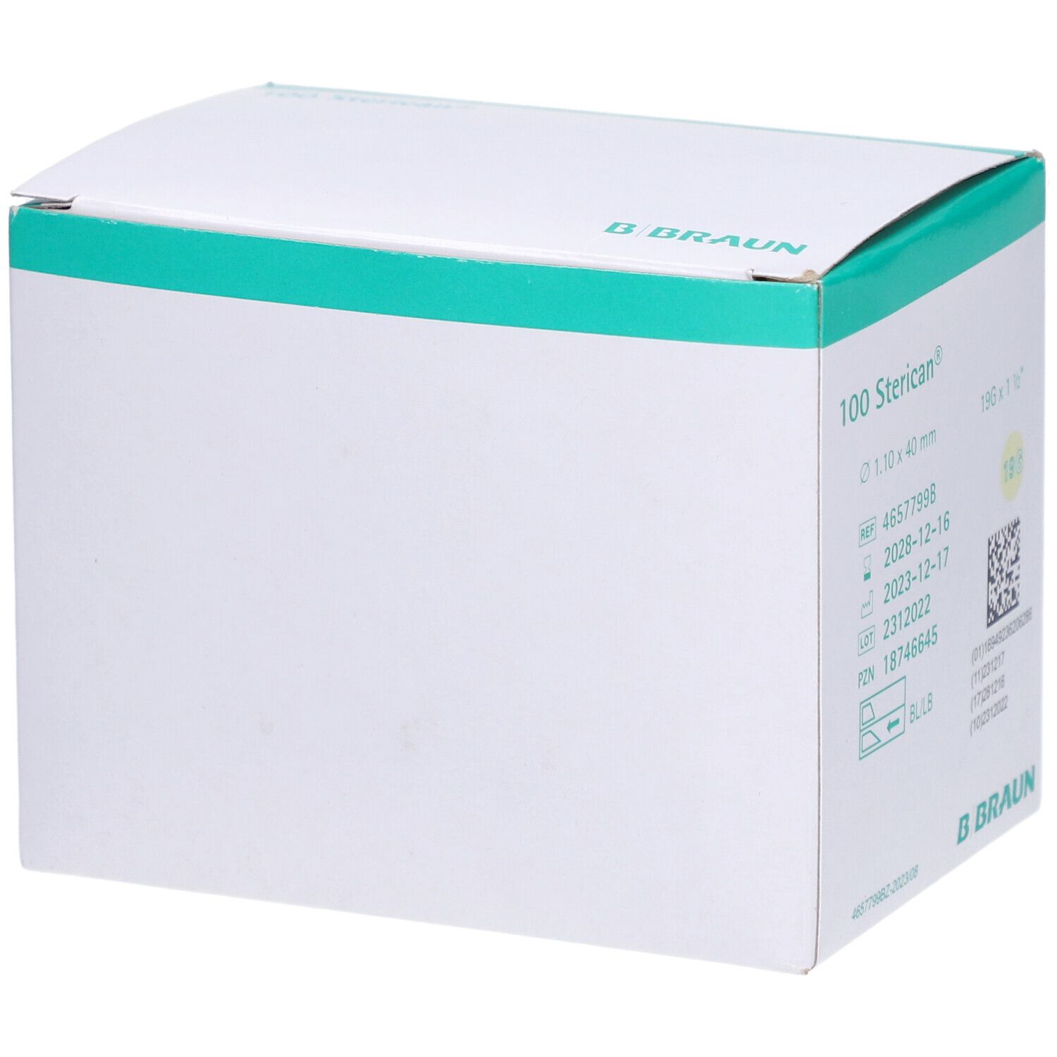 Boîte de 100 aiguilles Sterican®. Carton blanc et vert. Logo B. Braun.