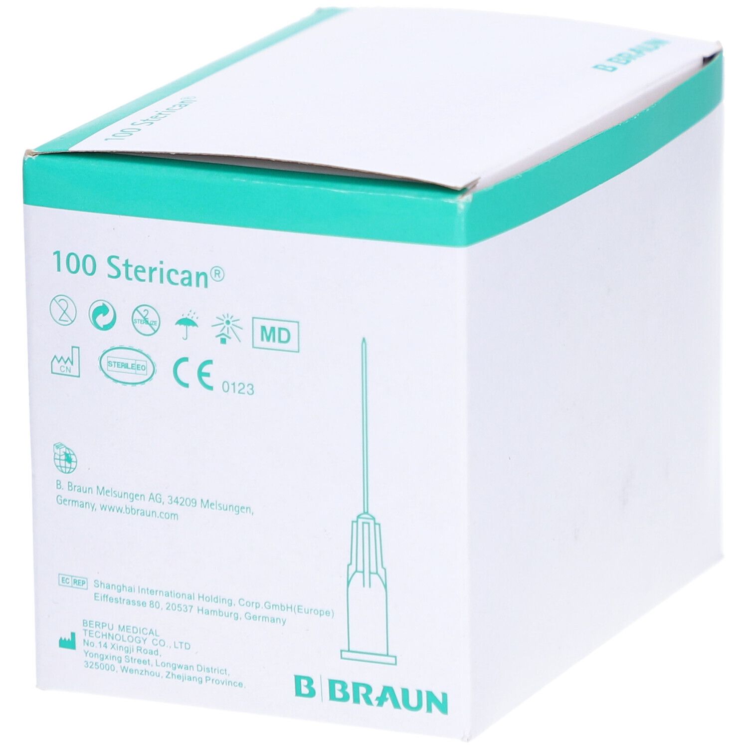 Boîte de 100 aiguilles Sterican®. Pointe de l'aiguille visible. Marquage CE. Logo B. Braun.