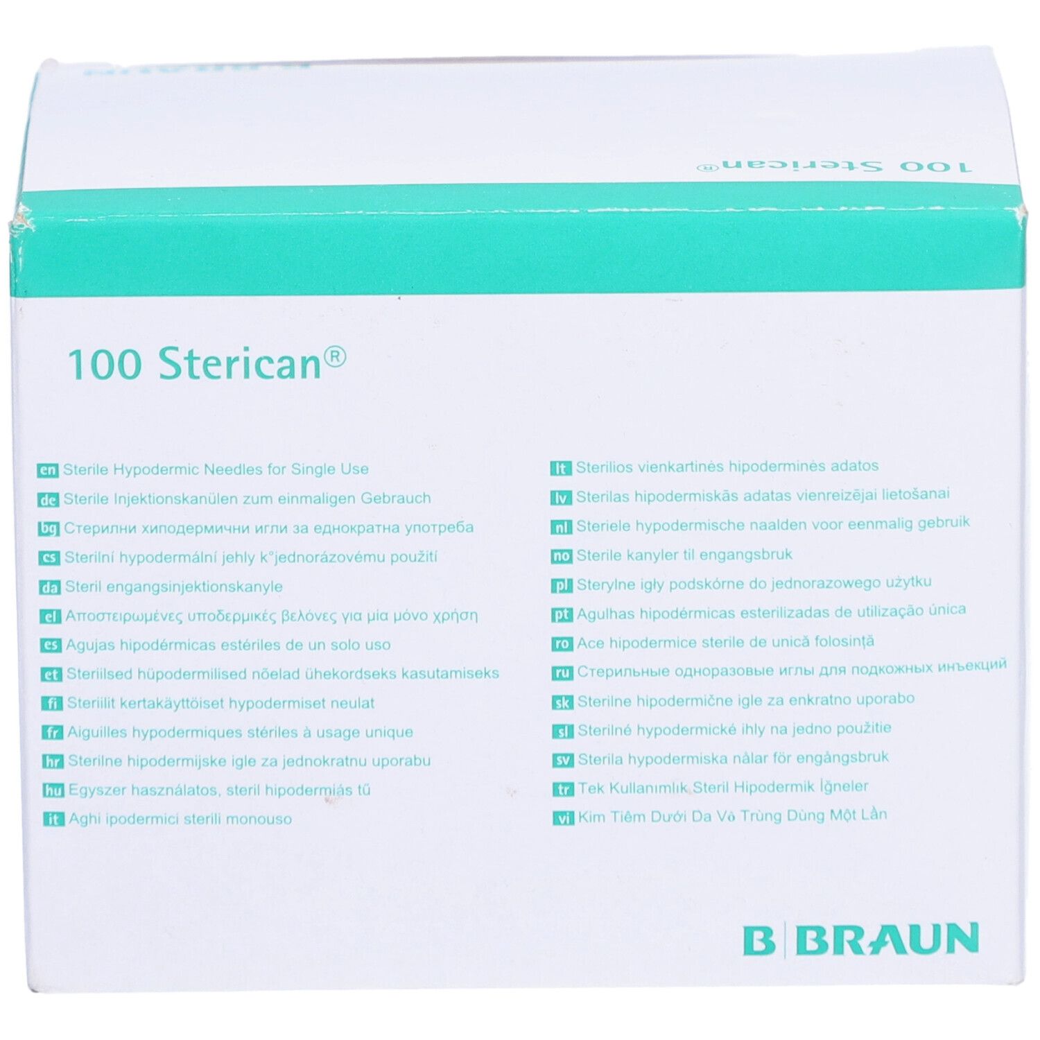 Boîte de 100 aiguilles Sterican®. Informations multilingues. Logo B. Braun.