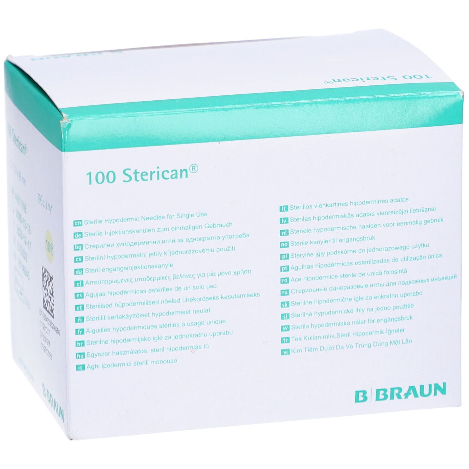 Boîte de 100 aiguilles Sterican®. Informations multilingues. Logo B. Braun.