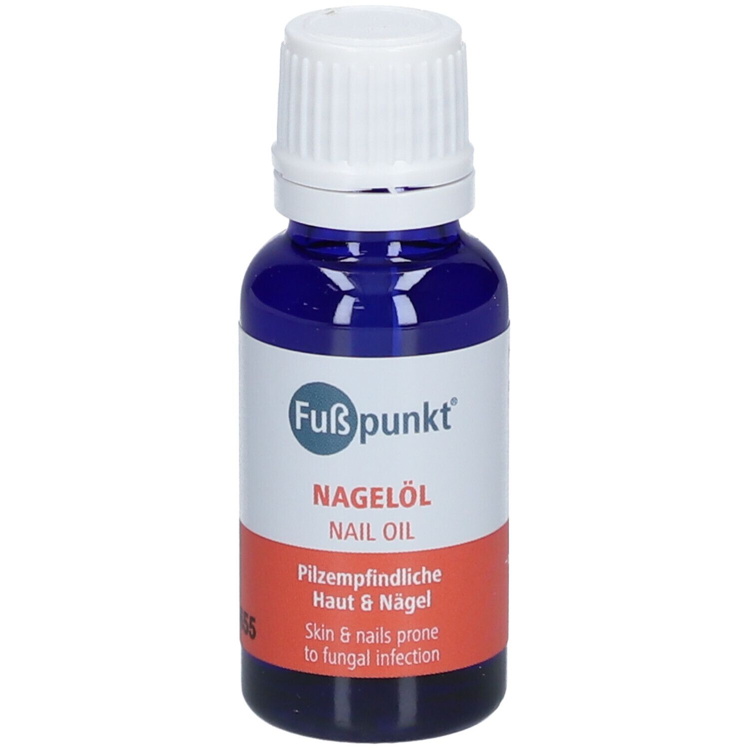 Flacon bleu avec bouchon blanc. Étiquette avec nom du produit Nagelöl et informations sur la peau et les ongles.