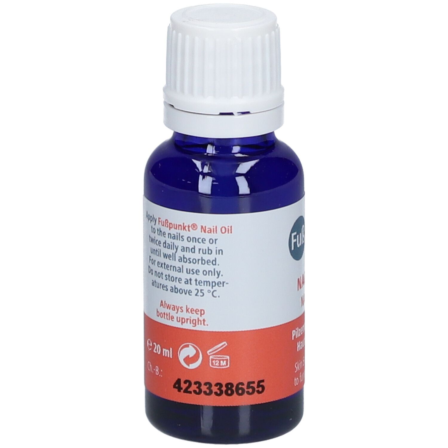 Flacon bleu avec bouchon blanc. Dos avec texte: instructions d'utilisation, 20 ml, durée de conservation.