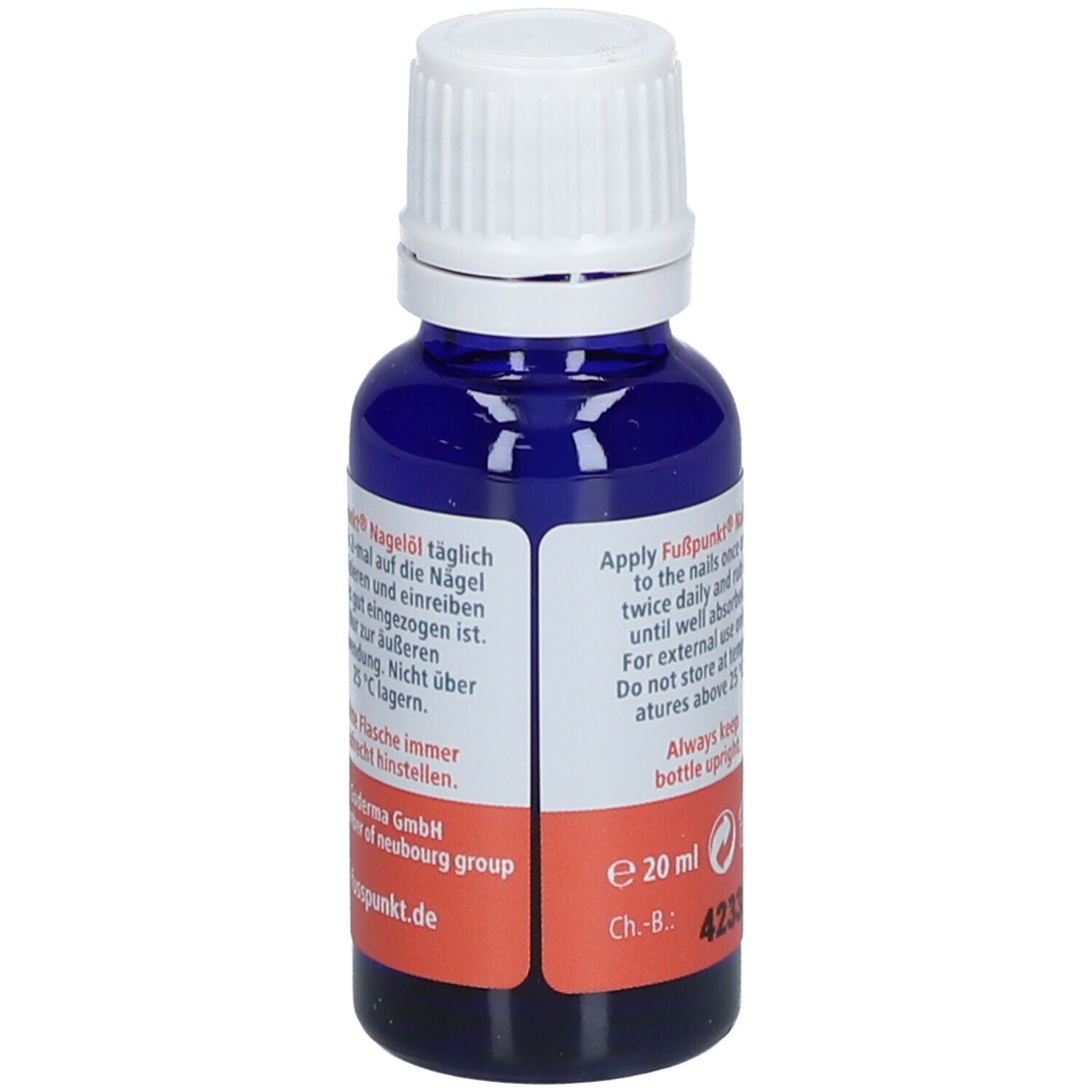 Flacon bleu avec bouchon blanc. Dos avec texte: instructions d'utilisation, 20 ml, informations fabricant.