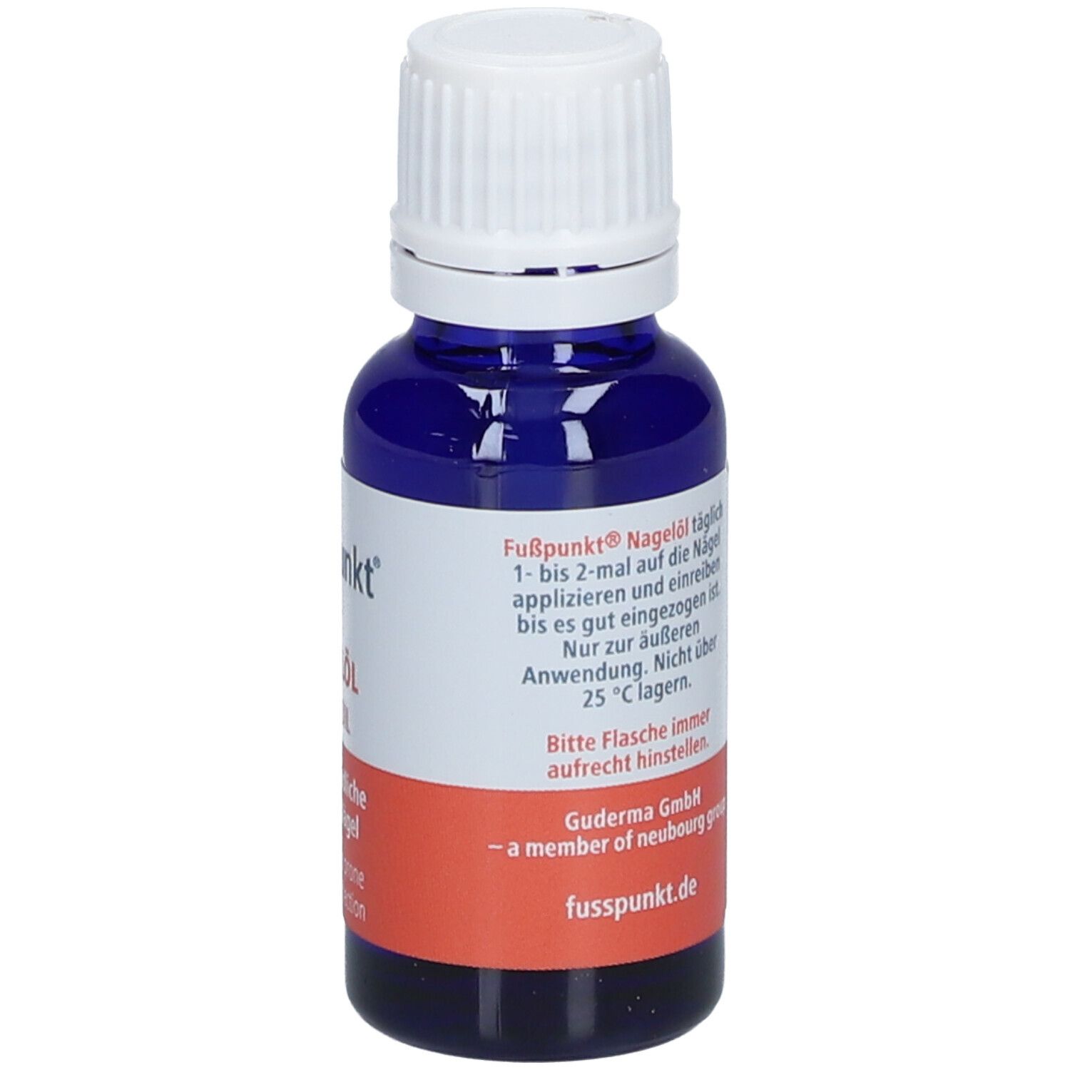 Flacon bleu avec bouchon blanc. Dos avec texte: instructions d'utilisation, 20 ml, informations fabricant.