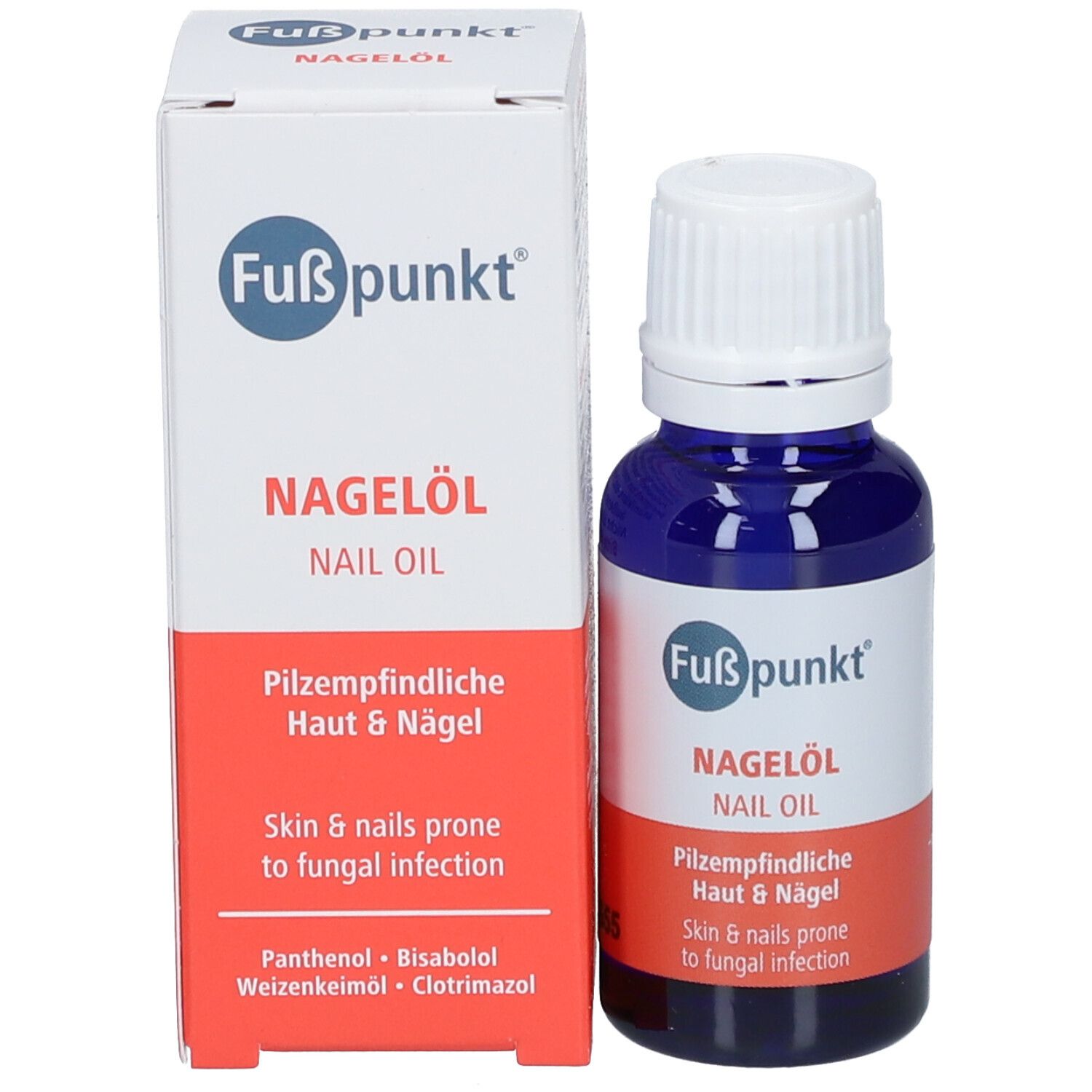 Flacon et emballage du produit. Flacon bleu avec bouchon blanc, à côté boîte avec informations sur le produit.