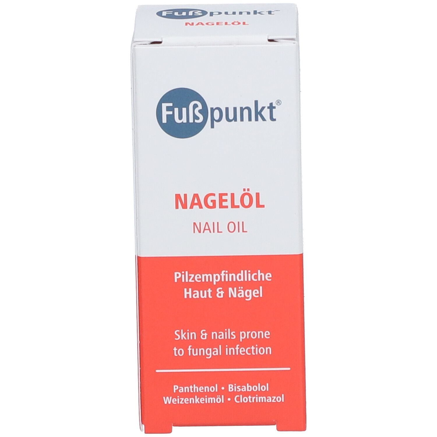 Emballage blanc avec informations sur le produit. Nom du produit Nagelöl, informations sur la peau et les ongles, ingrédients.