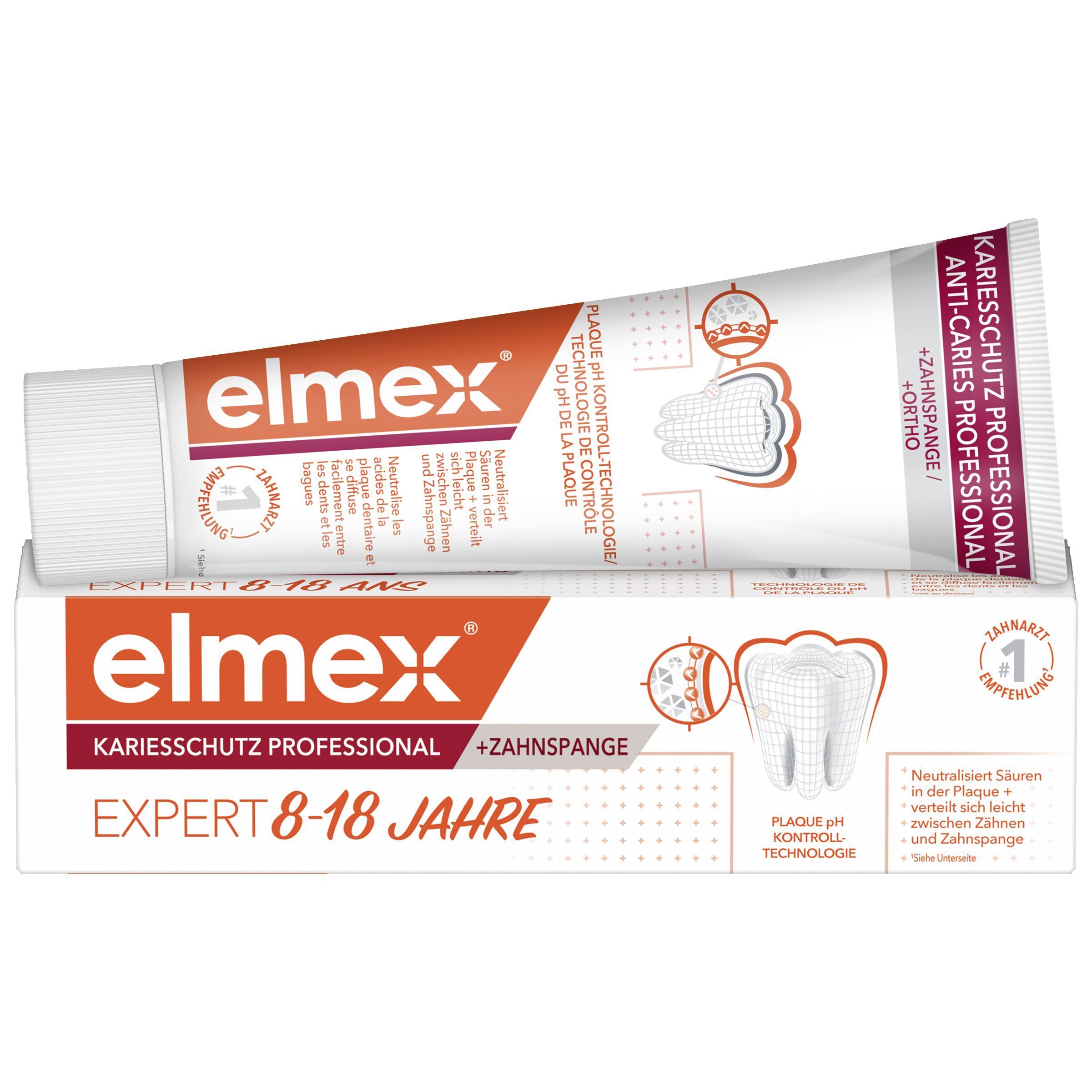 Tube et boîte de dentifrice. Inscription: elmex Kariesschutz Professional + Zahnspange. Design orange et blanc. Dent avec appareil dentaire.