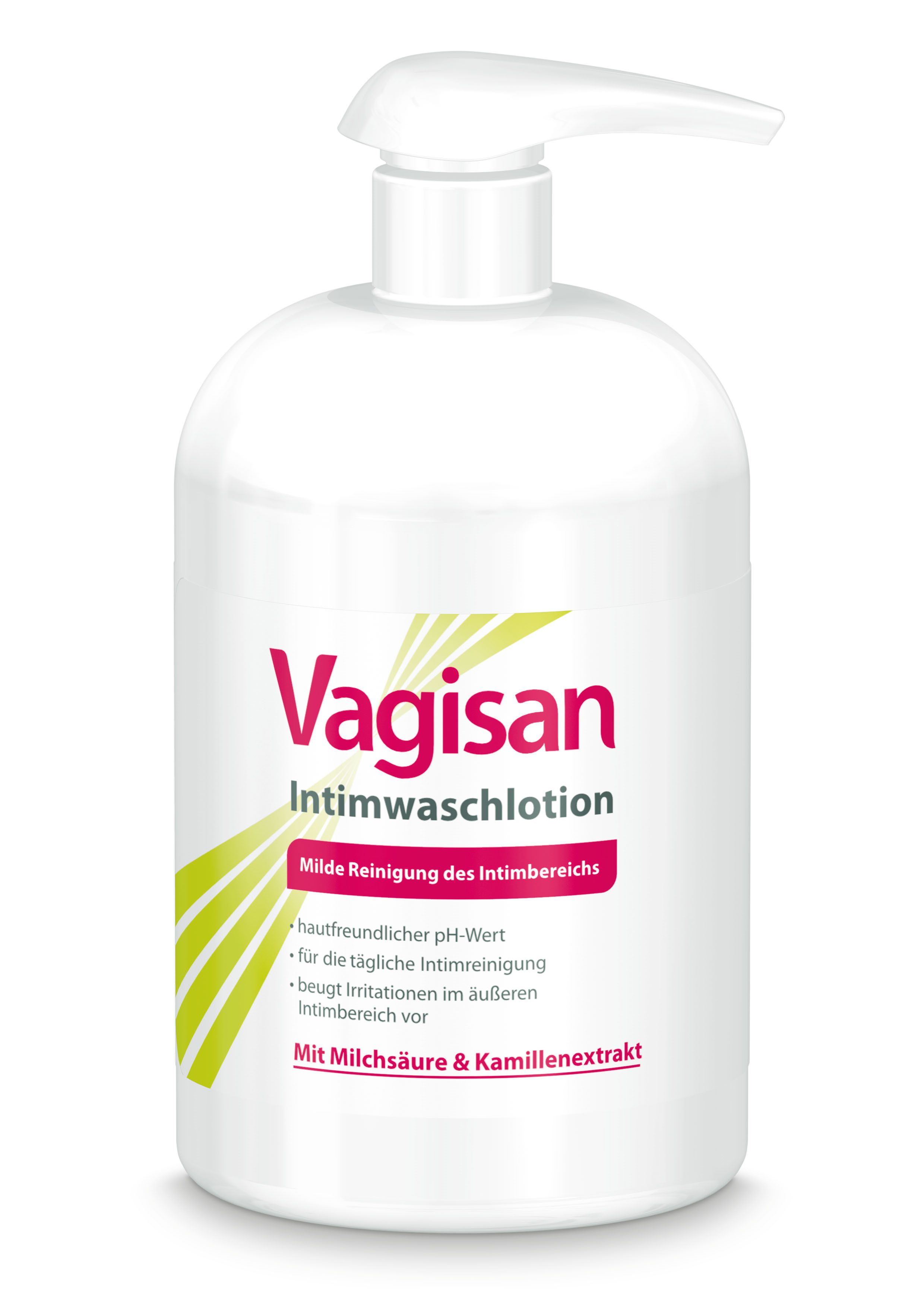 Flacon blanc avec pompe. Inscription: Vagisan Intimwaschlotion. Texte: Nettoyage doux de la zone intime.