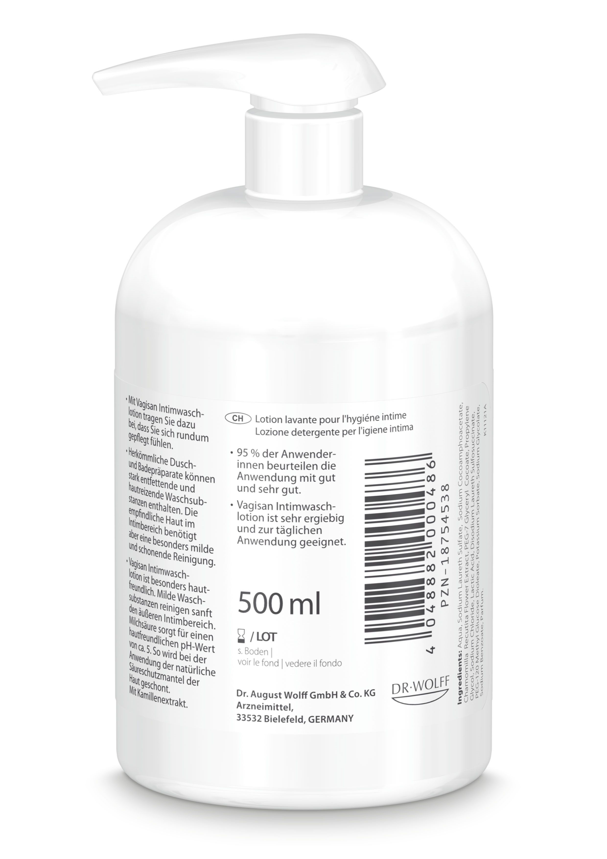 Dos du flacon blanc. Texte: Vagisan Intimwaschlotion. 500 ml. Fabricant: Dr. August Wolff.