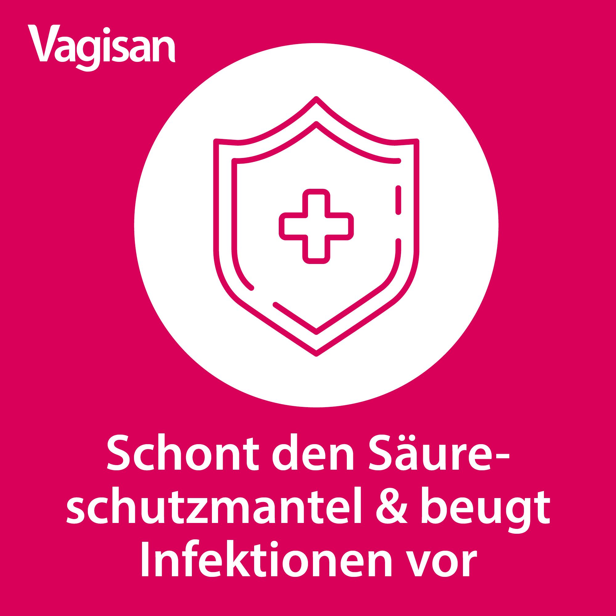 Fond rose avec bouclier blanc et croix. Texte: Protège le manteau acide et prévient les infections. Marque: Vagisan.